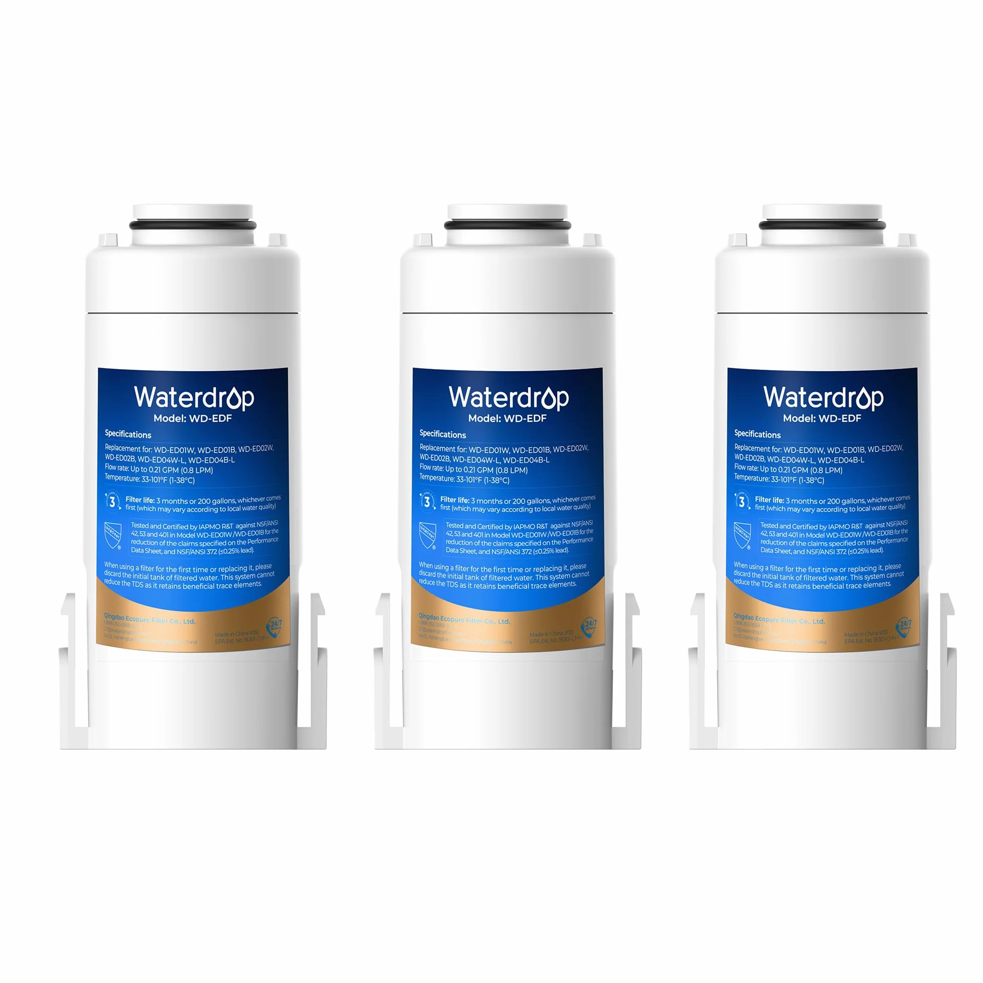 Waterdrop WD-EDF Filtri di ricambio per caraffe filtranti acqua, compatibili WD-ED01W WD-ED01B, durata 3 mesi o 757 litri, confezione da 3