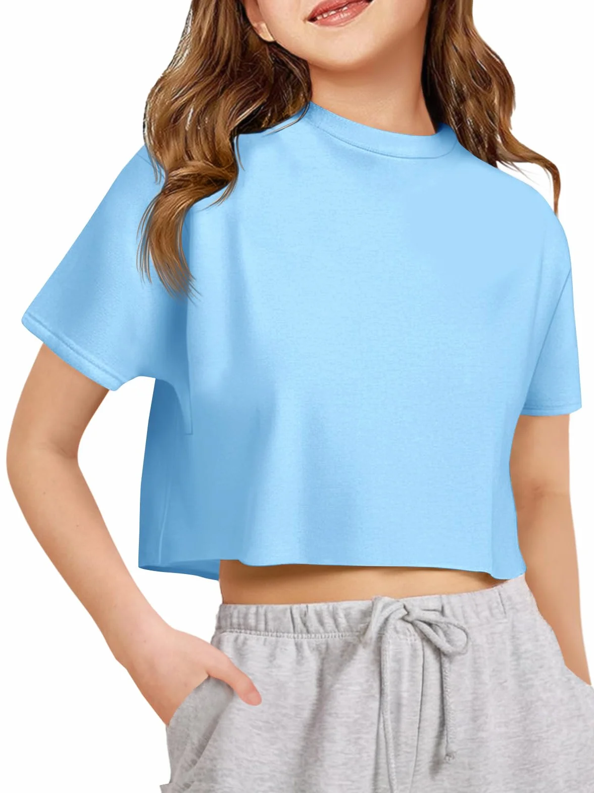 Top corto oversize atletico da ragazza per bambini con spalle a goccia a maniche corte magliette da allenamento 5-14 anni