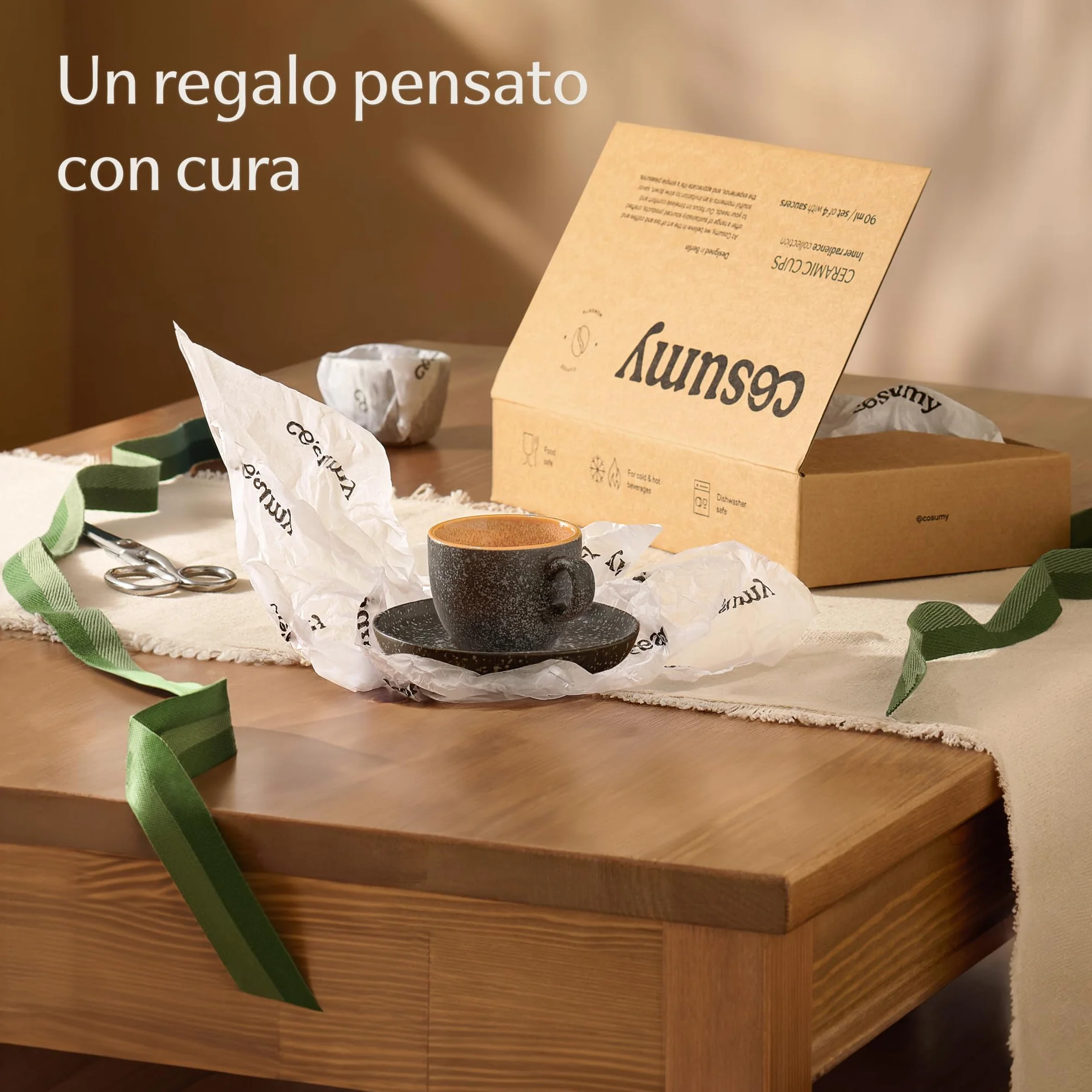 Set di 4 Tazzine da Espresso con Piattini 90ml in Ceramica Gres Spesso Smalto Reattivo Artigianale Giallo