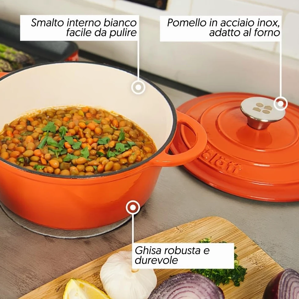 Cocotte in Ghisa Smaltata Arancione. Forno Olandese Pentola Ovale Antiaderente 29x21x11 CM - 3,85 L. Casseruola Pentola in Ferro per Induzione, Vetroceramica e Forno