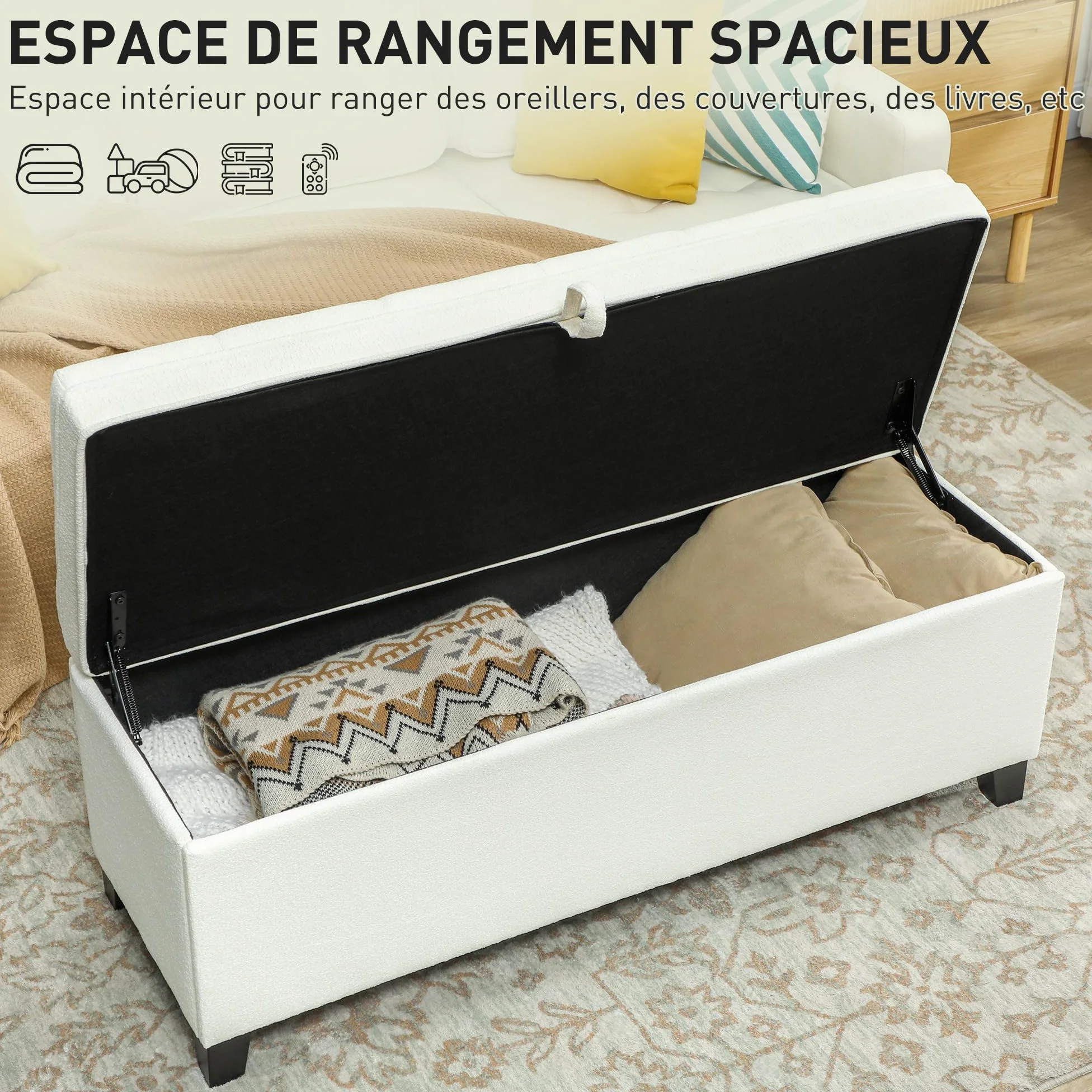 HOMCOM Panca portaoggetti 112L Panca da letto Cassapanca portaoggetti con seduta imbottita, tessuto di lino per soggiorno, camera da letto, ingresso, 120 x 40 x 48 cm, crema