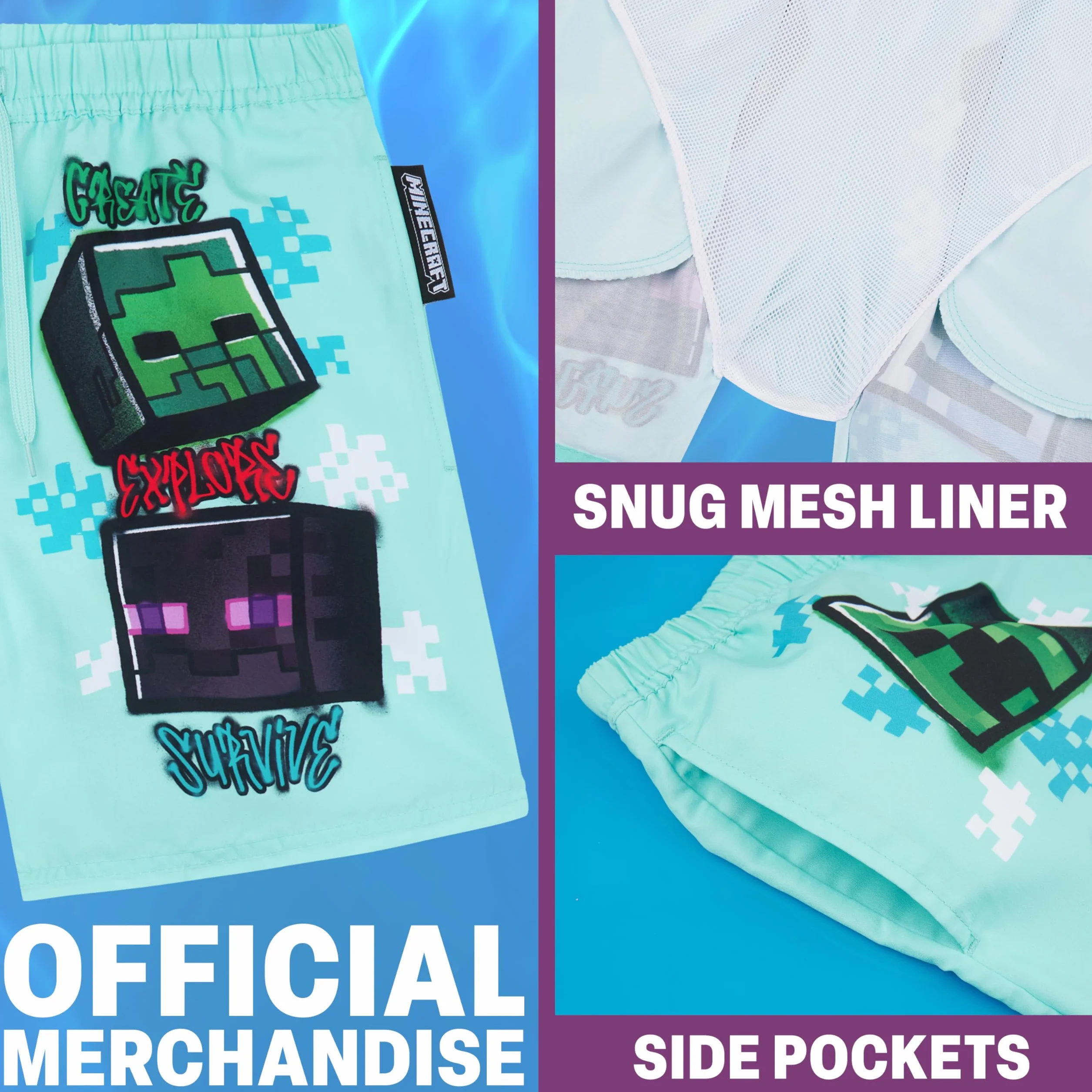 Costume da bagno Minecraft Pokemon Fortnite per ragazzi UPF 50 pantaloncini con rete spiaggia piscina