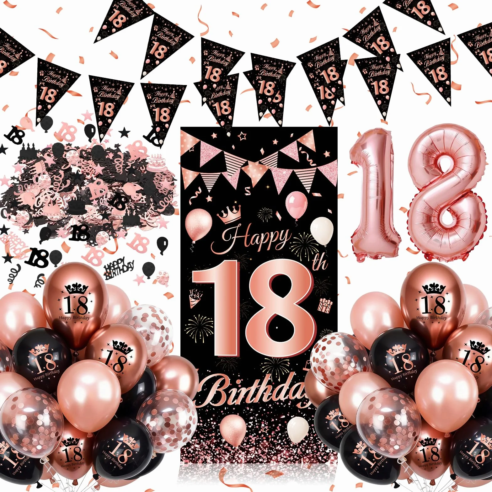 Palloncini 18 Anni Compleanno Ragazza, Compleanno 18 anni Decorazioni Oro Rosa e Nero, ghirlande Happy Birthday, Festone Buon Compleanno per Feste 18 Anni Ragazza
