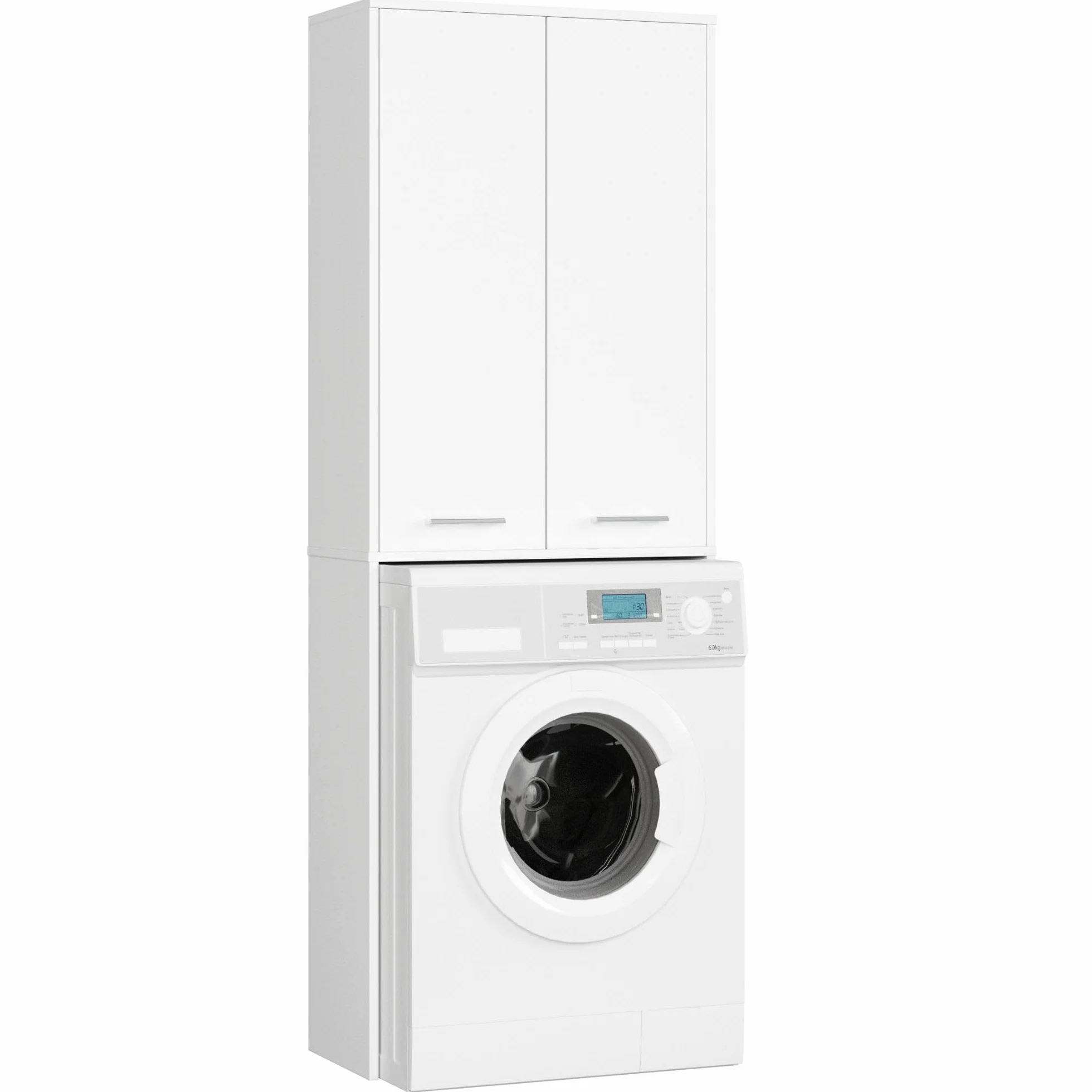 AKORD | Armadio Pensile per Lavatrice FIN 180 | Armadio di trasformazione con 2 Ante, 4 Ripiani | Archivio per bagno | Cassettiera per lavatrice | 64x180x30 cm | Bianco + Bianco Frontale