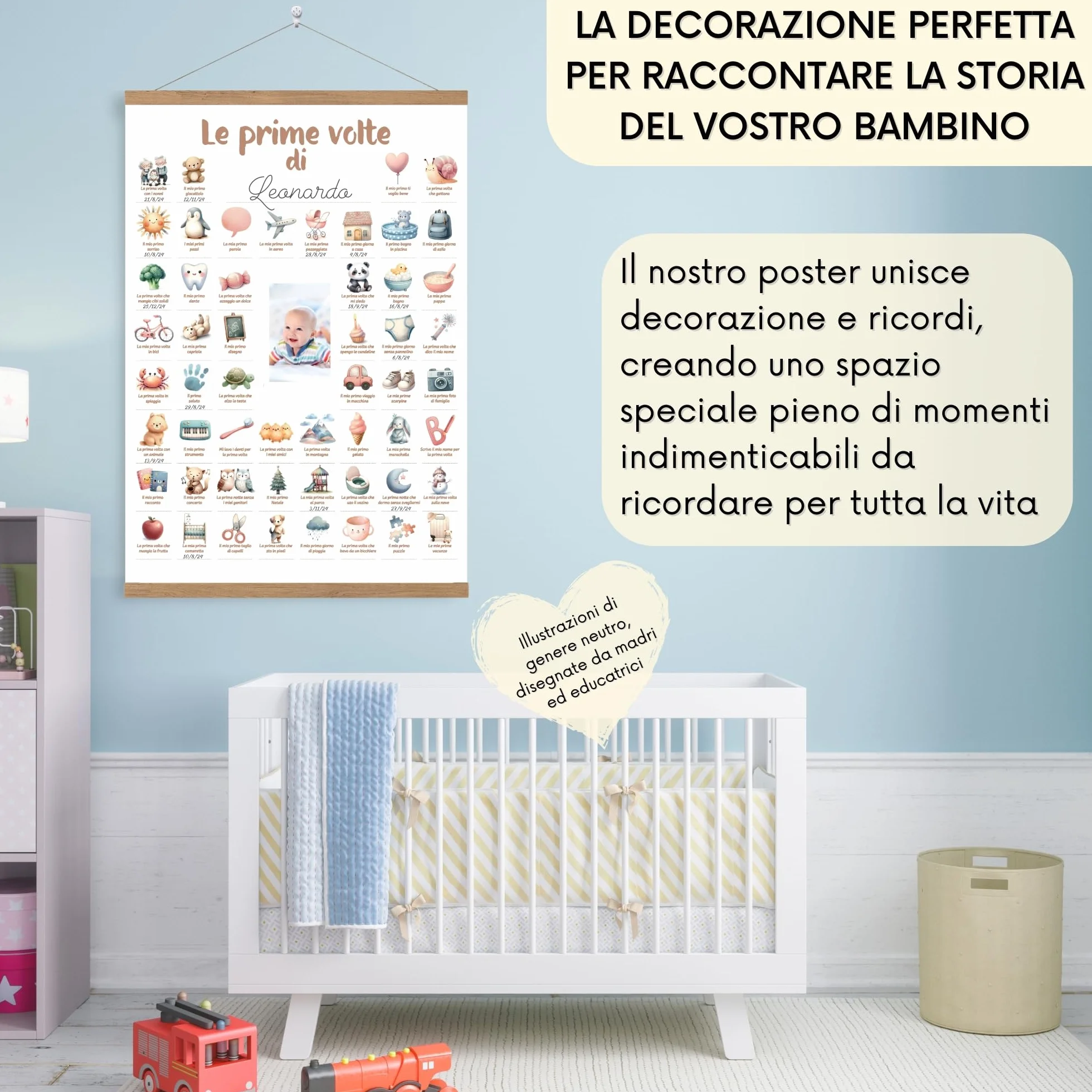 HuBorns - Poster Le Mie Prime Volte per Seguire le Tappe Fondamentali del Neonato, Regalo Neonato Maschio e Femmina, Decorazione Cameretta, Include Strisce di Legno per Appendere e Spazio per Foto