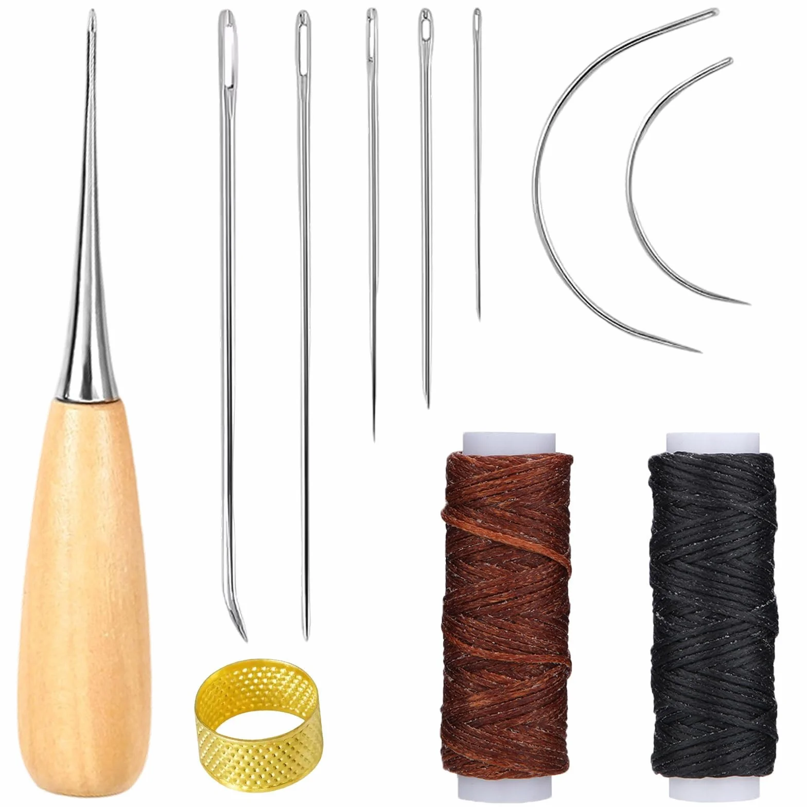 Kit Cucito Pelle 11 Pezzi, Aghi Curvi Pelle con Punteruolo, 2 Rotoli Filo Cera, Ditale