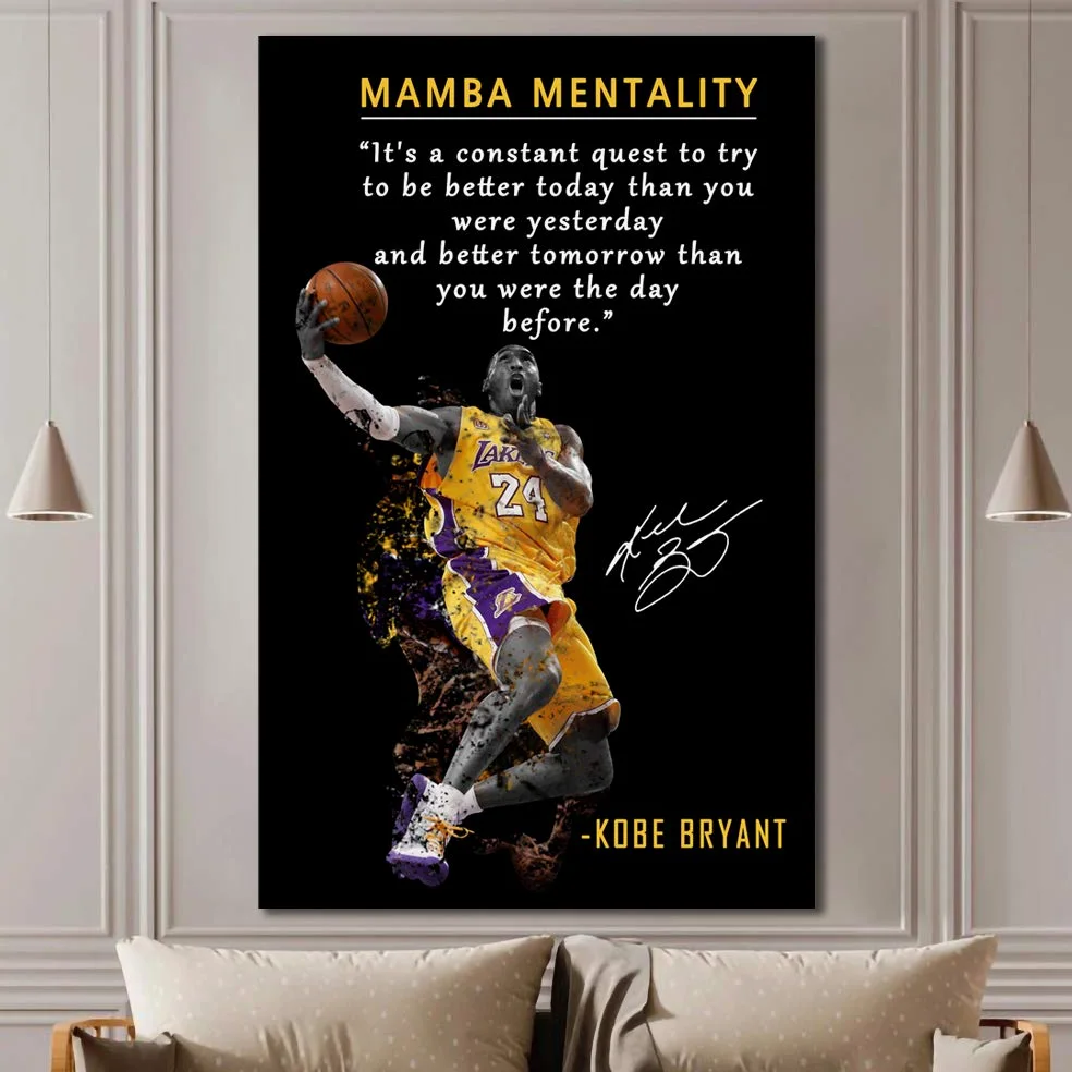 Poster motivazionale di Kobe Bryant • Mamba Mentality Citazione artistica da parete su tela • Pallacanestro Sport Home Decor • Opere motivazionali per casa, ufficio, palestra, decorazione da parete
