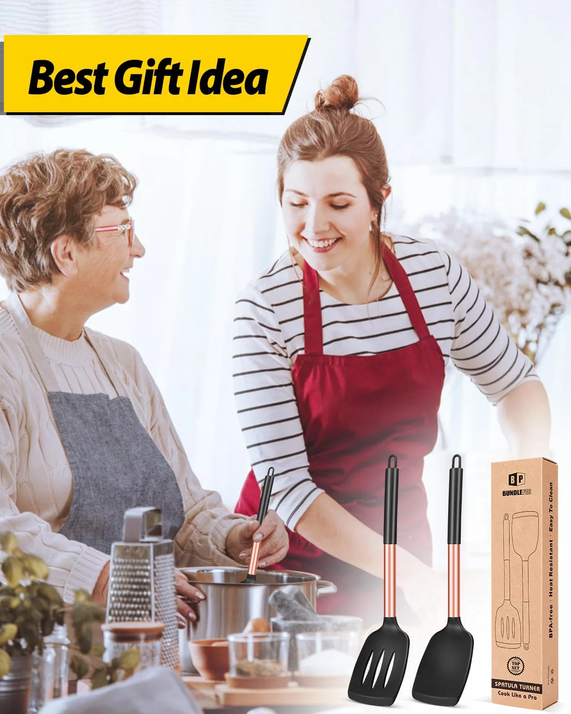 Spatole da cucina in silicone massiccio, antiaderenti, resistenti al calore, senza BPA, oro rosa, confezione da 2