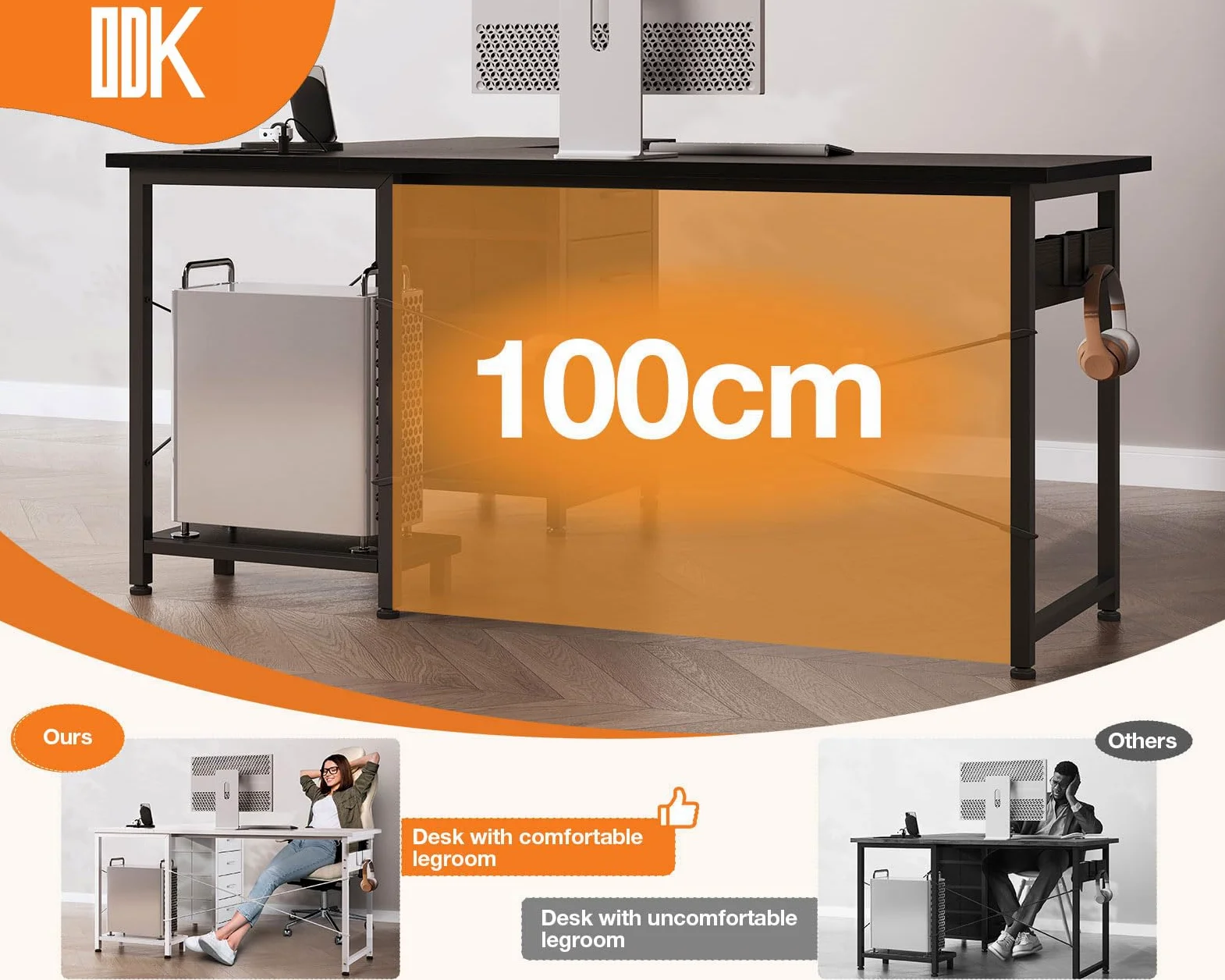 ODK Scrivania angolare con cassetti, scrivania reversibile a forma di L con presa di corrente, scrivanie da ufficio con porta di ricarica USB e supporto per host per casa e ufficio, nero, 135 x 100 cm