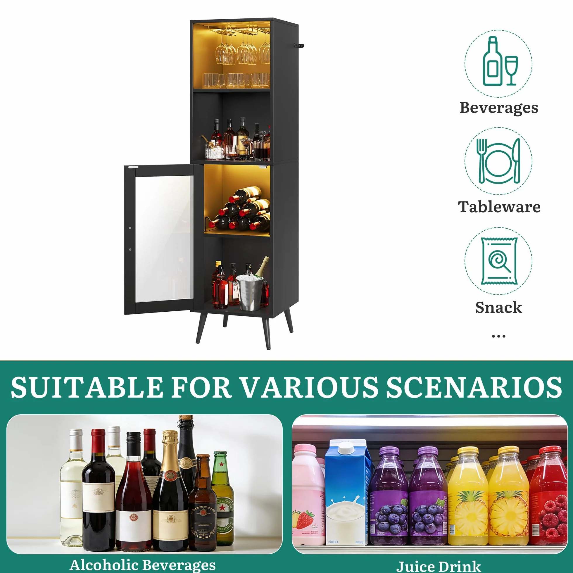 YITAHOME Armadietto da bar con luci LED regolabili, caffetteria con portabottiglie e ganci e anta in acrilico, credenza da cucina per buffet per casa, bar, sala da pranzo, soggiorno, nero