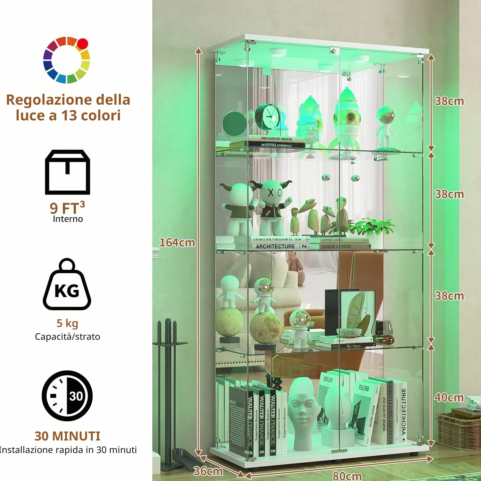Vetrina in vetro con LED, armadio vetrina da collezione, 2 ante a serratura, 4 ripiani e fondo specchio, 164 x 80,5 x 36,5 cm, bianco