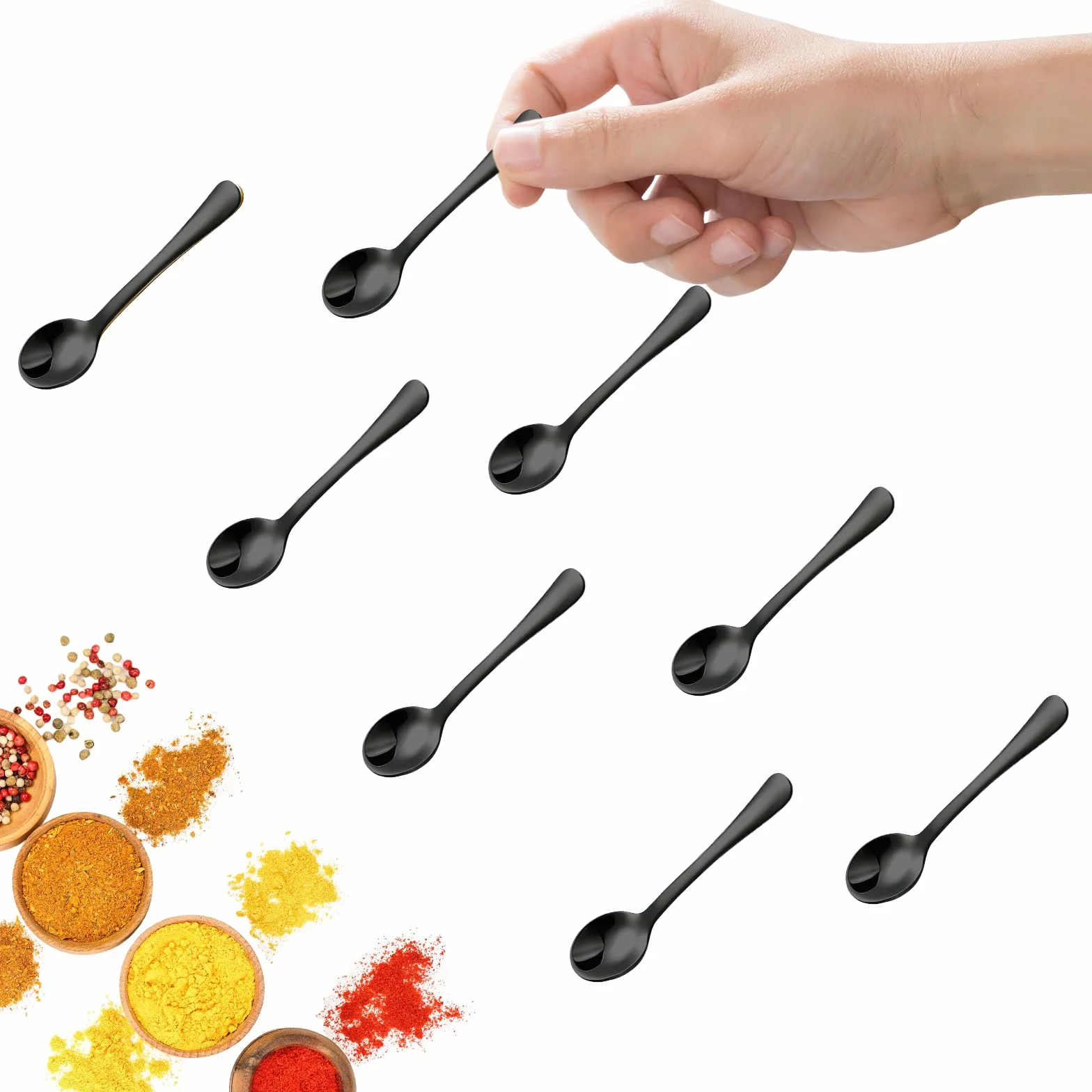 GlamRays 8 Pezzi Piccoli Cucchiai in Acciaio Inox per Barattoli Spezie, Mini Dimensione 7,5CM, Adorabili Piccoli Cucchiai Acciaio Inox per Spezie, Sale, Piccole Palettine Divertenti (Nero)