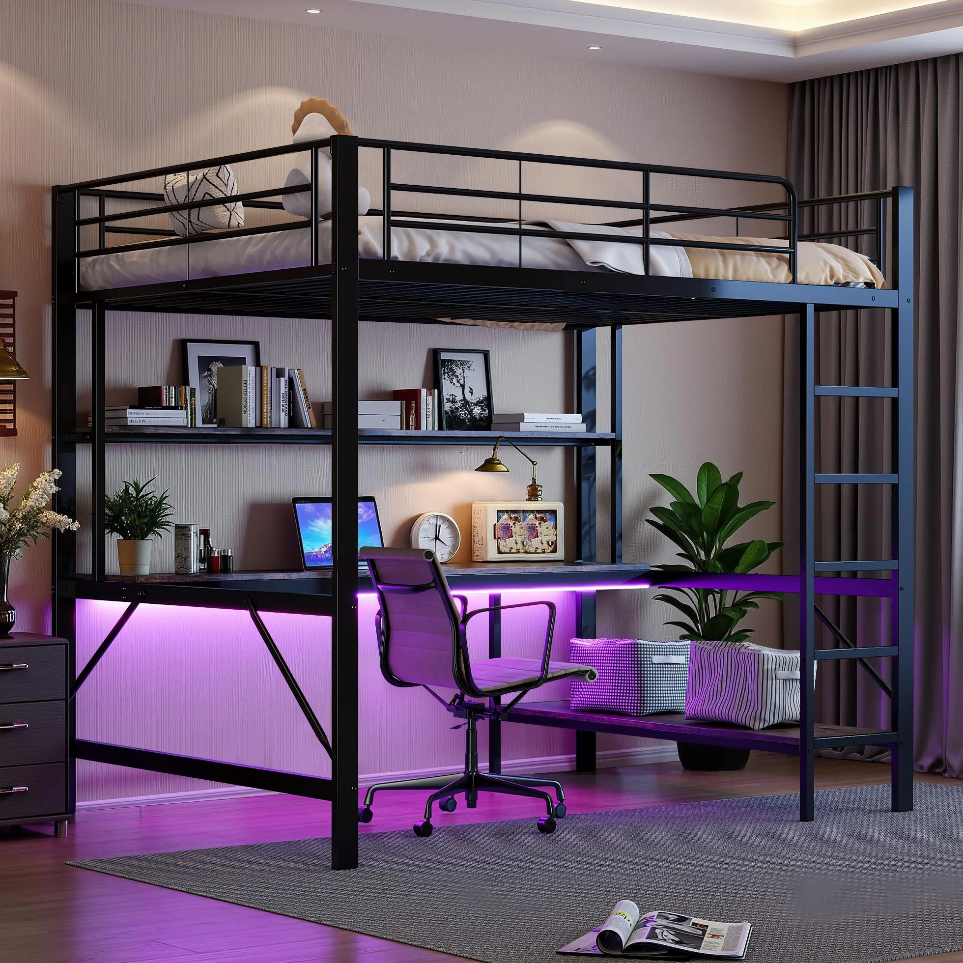 Letto a soppalco per bambini 140 x 200 cm,letto a castello matrimoniale 140x200 in metallo con prese USB e elettriche, con illuminazione a LED,scrivania,con sponde e scaletta,diversi ripiani,Nero