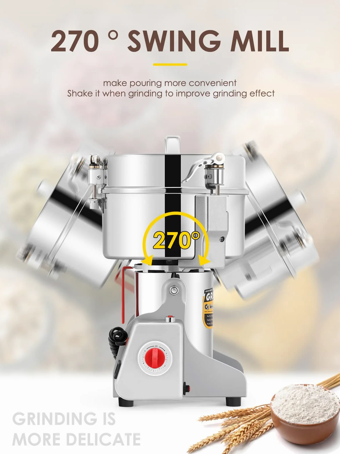 300-2500g Mulino per Cereali CGOLDENWALL Upgraded Open-Cover- Stop Unique Safety Design Grinder Elettrico per Materiale Secco Come Erbe/Cereali/Spezie High Speed Grinding(300g)