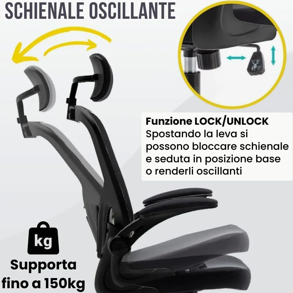 ZIK - Sedia Ergonomica da Ufficio, Scrivania, con Supporto Lombare e Regolazione Schienale, Sedia da Ufficio con Rotelle e Braccioli Reclinabili, Poggiatesta Oscillante e Regolabile