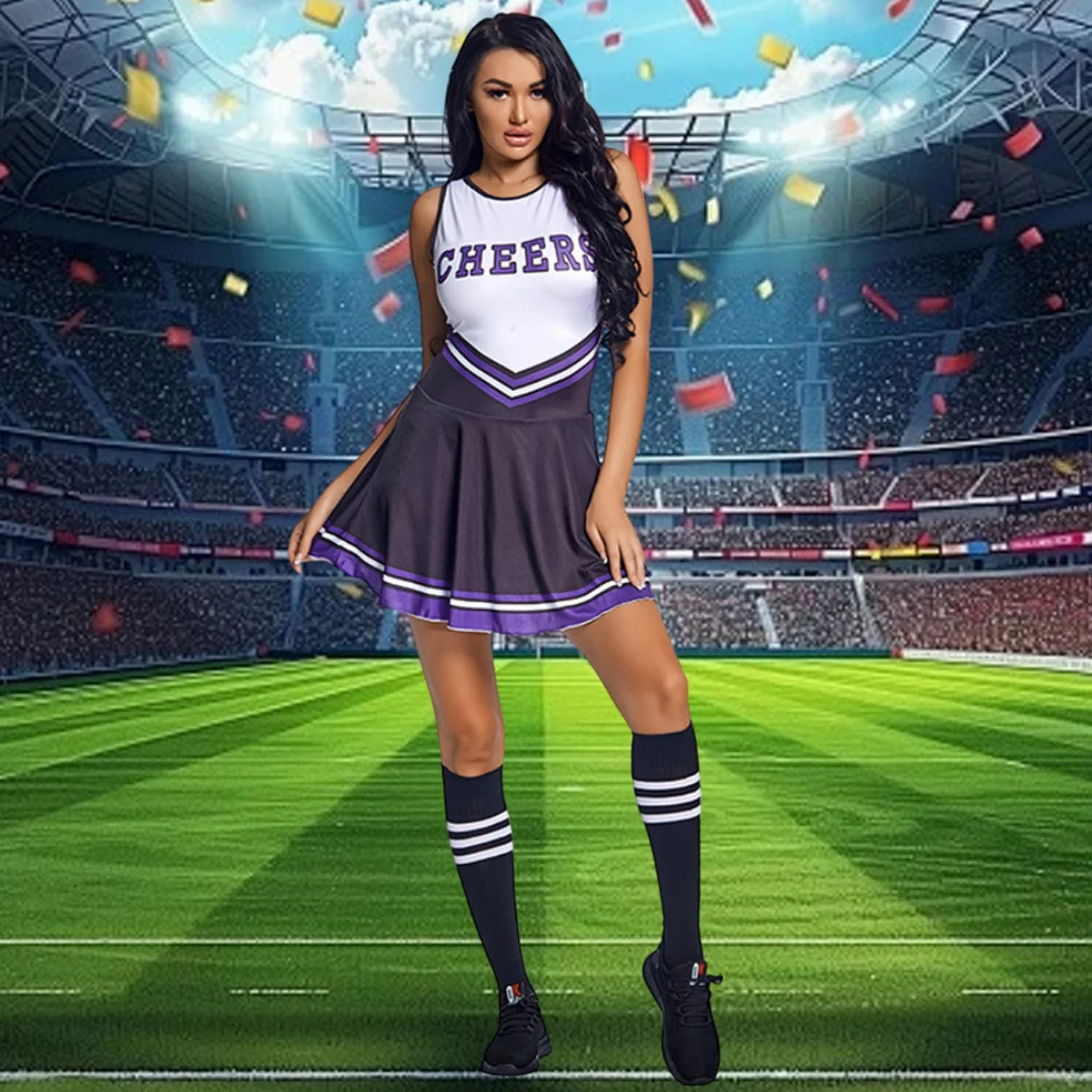 Cheerleader Fancy Dress Outfit with Pom Poms for Women Girls Adult Costume