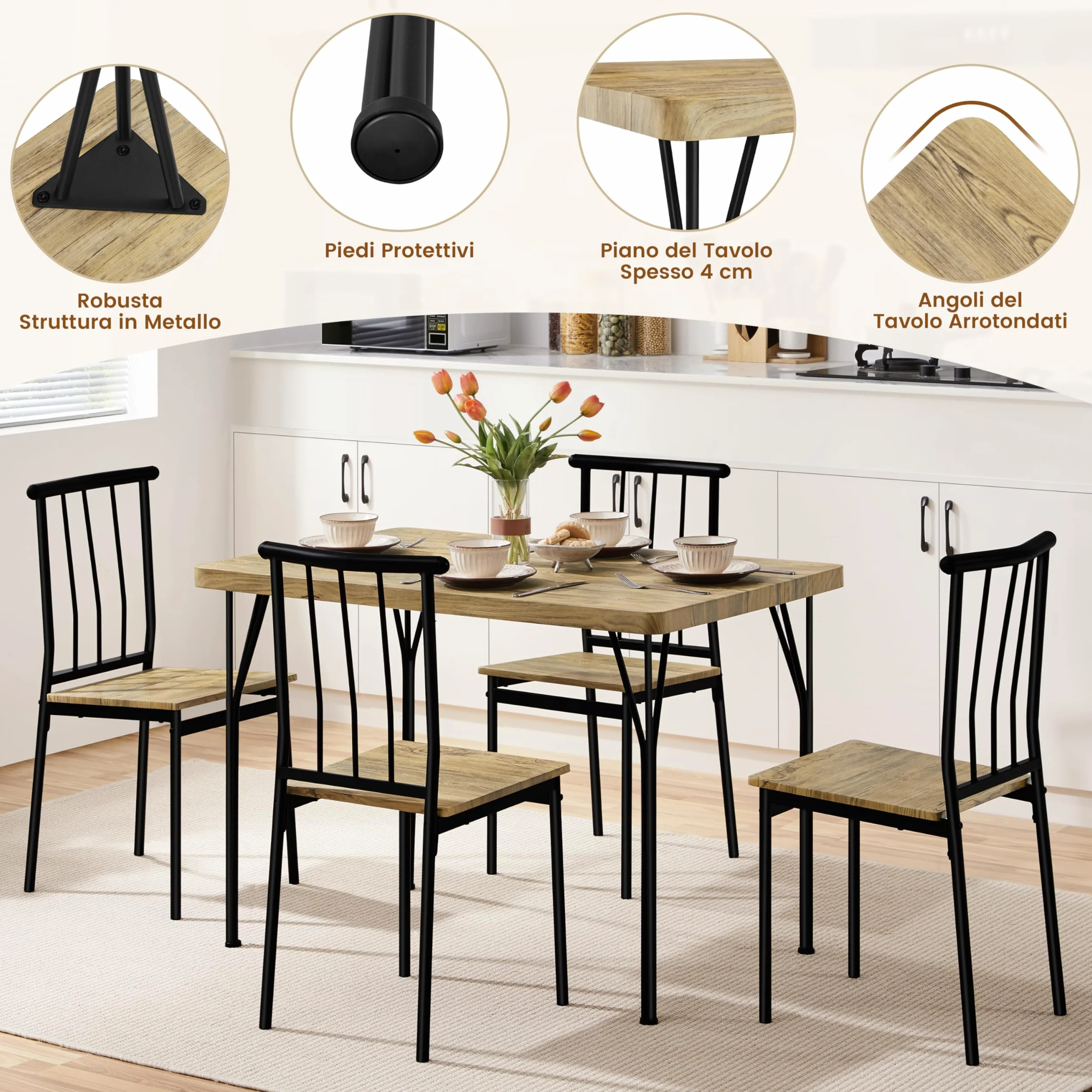 Yaheetech Tavolo da Pranzo con 4 Sedie Industriale Set 5 Pezzi Mobili da Bar Cucina Soggiorno Retro Salvaspazio in Legno e Metallo Marrone Tavolo 110x70x76.5cm Piano Spesso 4cm
