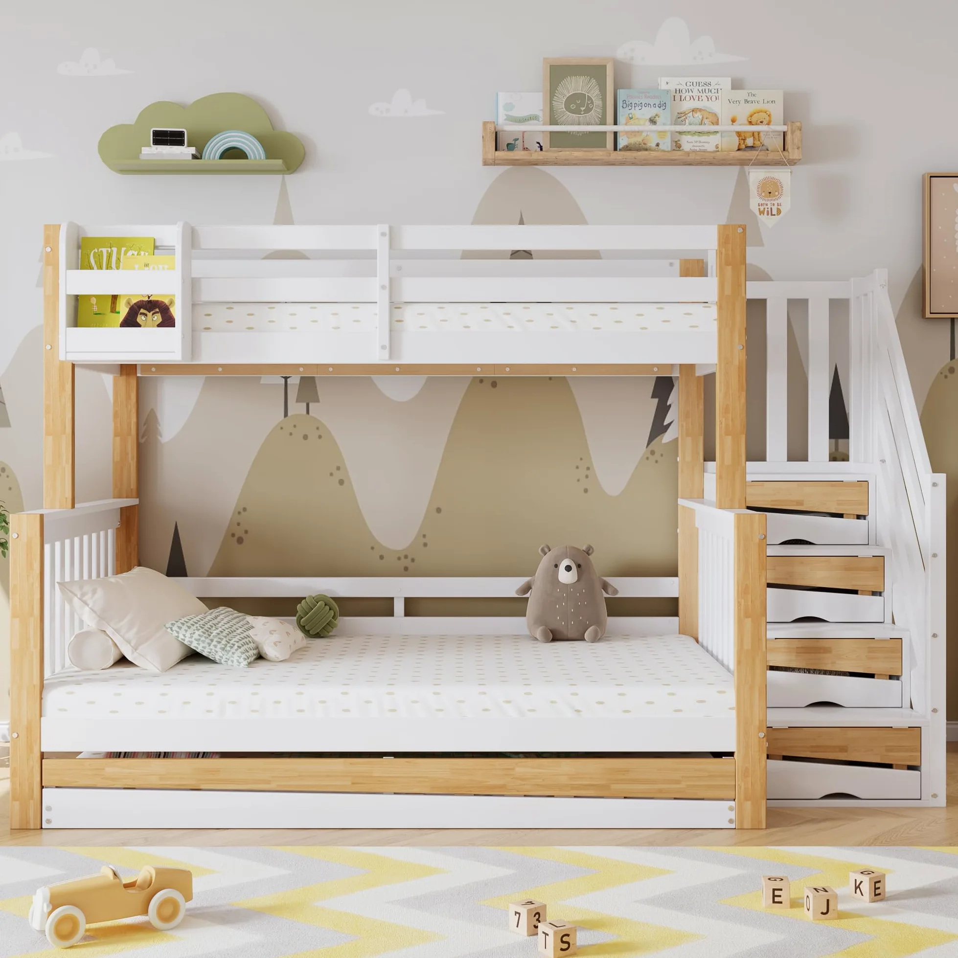 Letto a castello 90 x 200 e 120 x 200 cm, con letto a rotelle, design speciale di rivestimento della porta, scala angolare, pino+MDF, bianco e naturale