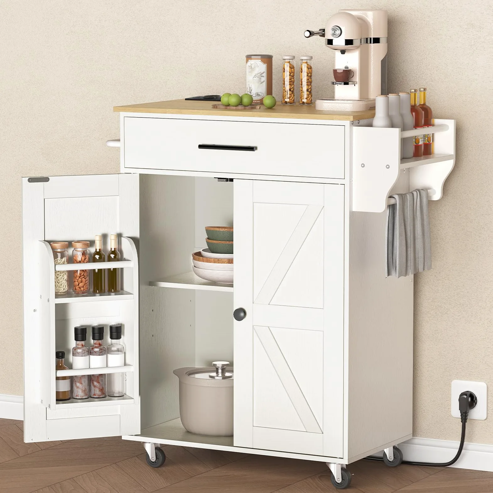 HOOBRO Tavolo Isola Cucina con Prese Elettriche, Carrello da Cucina con Cassetti e Porta Spezie, Carrello Isola da Cucina, con 2 Prese, Bianco e Colore Legno Naturale EWN88CZD01