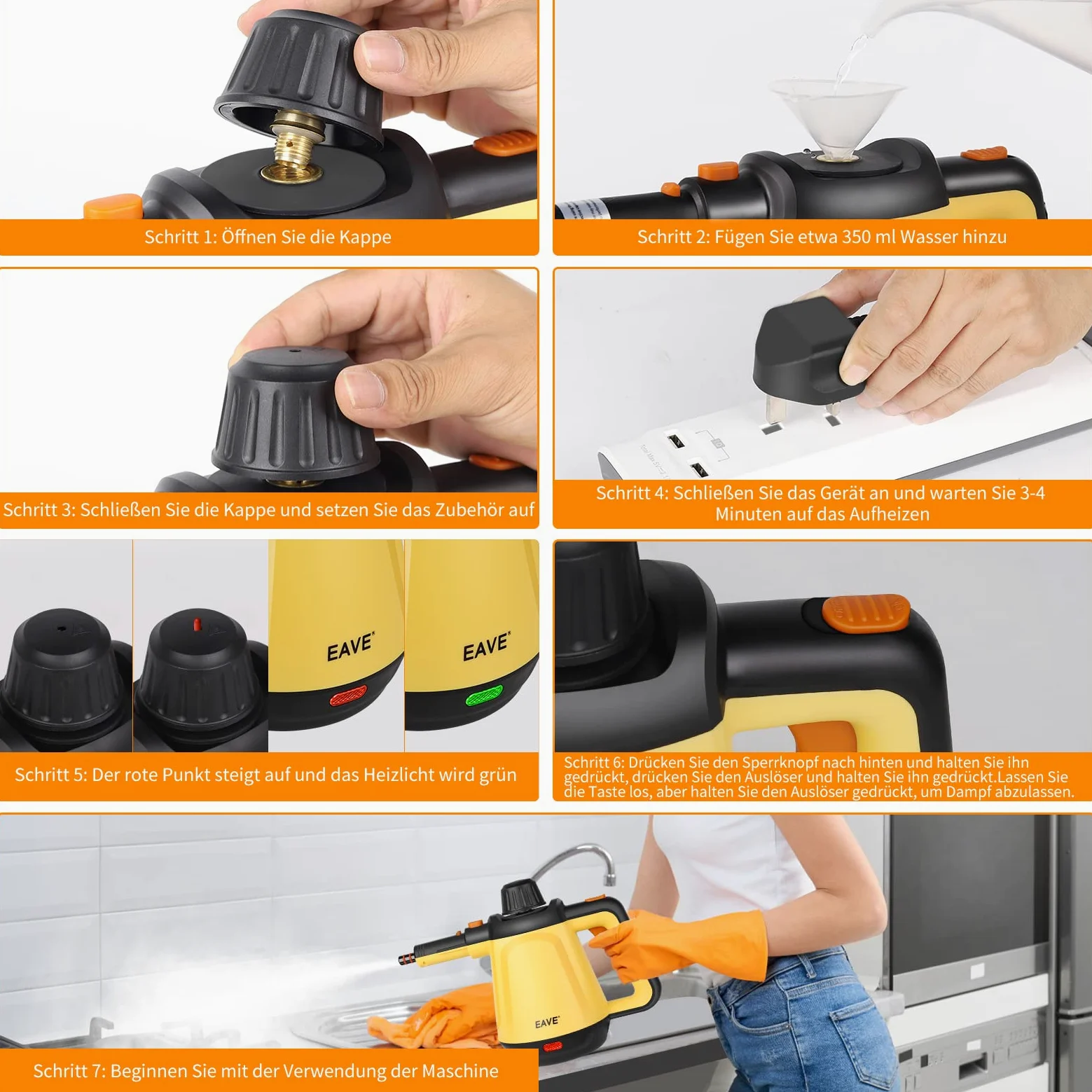 EAVE Pulitore a Vapore Portatile, 110℃ Vaporetto Portatile per una Pulizia Efficiente, Versatile Vaporetto con 10 Accessori e un Cavo 5 m, per Divani, Tappeti, Fessure, Pulizia Senza Chimica (Giallo)