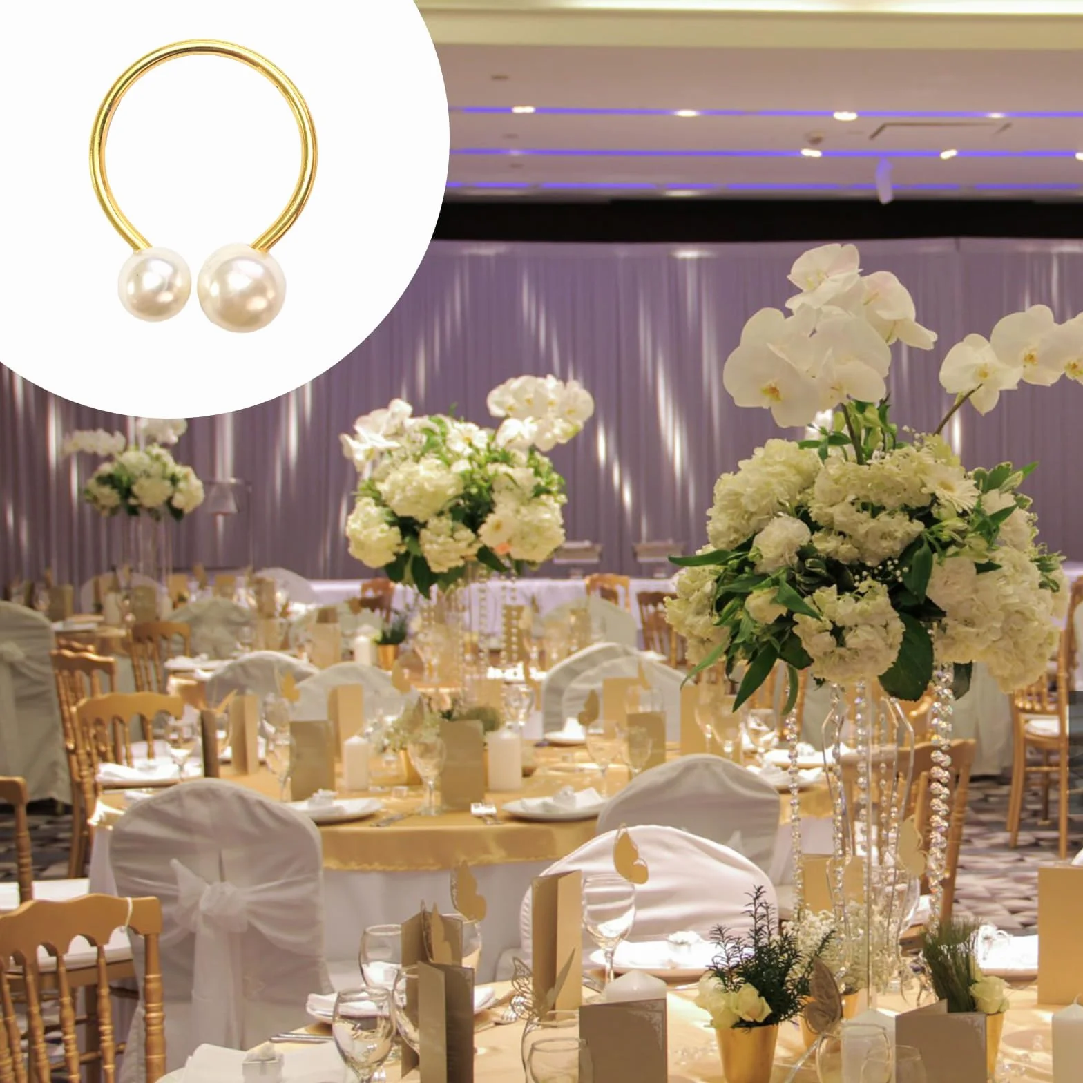 Set di 6 Anelli Porta Tovaglioli Oro con Perle, Portatovaglioli Eleganti in Metallo Dorato, Anelli di Tovagliolo per Decorazioni Matrimonio, Festa, Natale, Compleanno, Anniversario, Hotel e Ristorante