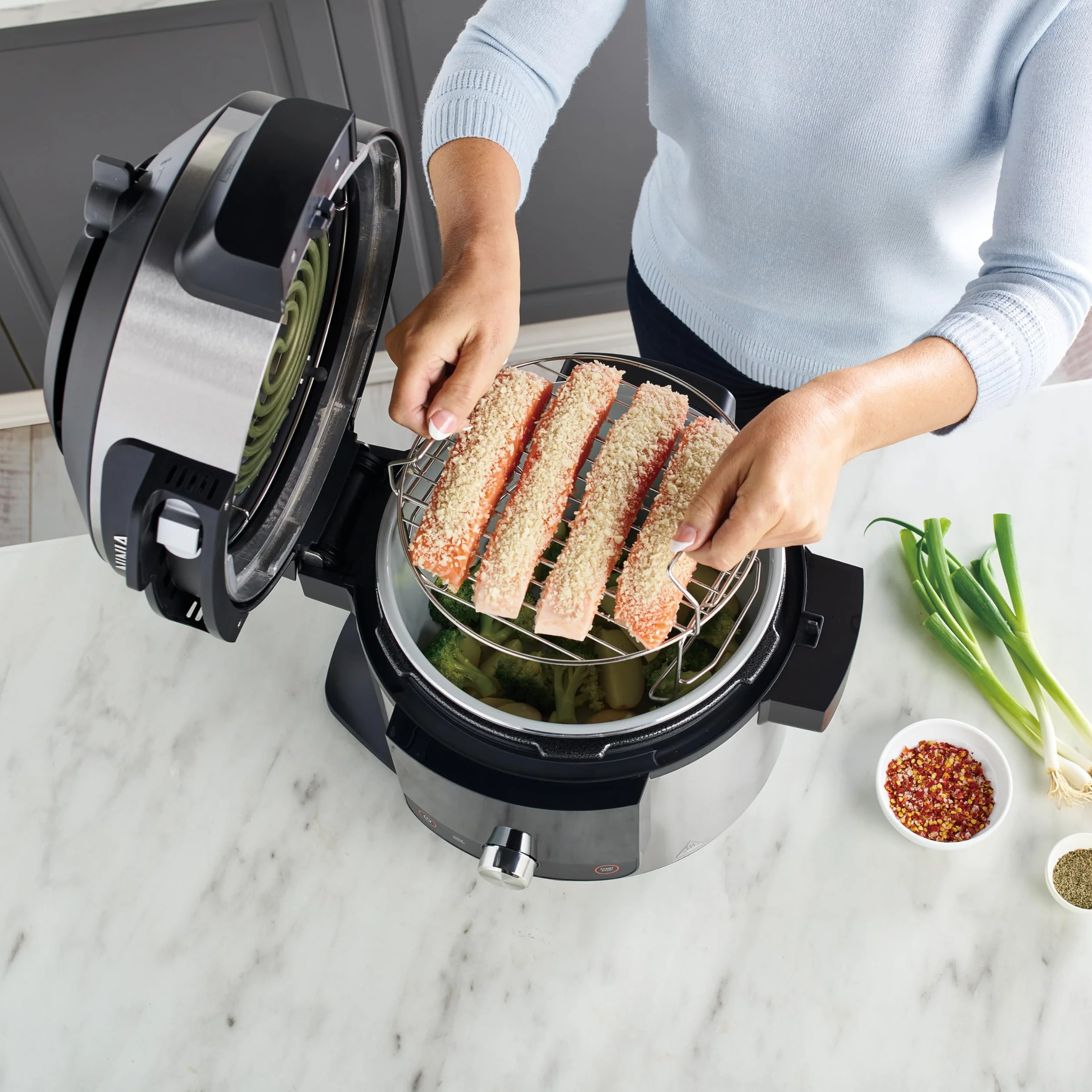 Ninja Foodi MAX Multicooker 7.5L OL750EU - SmartLid, Sonda Digitale, 14 Funzioni, Pentola a Pressione, Friggitrice ad Aria, Acciaio