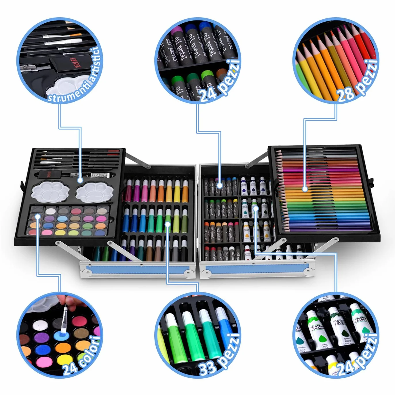 Maverton Valigetta Colori Personalizzata - Azzurra o Rosa a 2 Piani - Set Pittura e Disegno - Kit Matite Colorate Pastelli Pennarelli Colori a Matita - Regalo Bambini Compleanno
