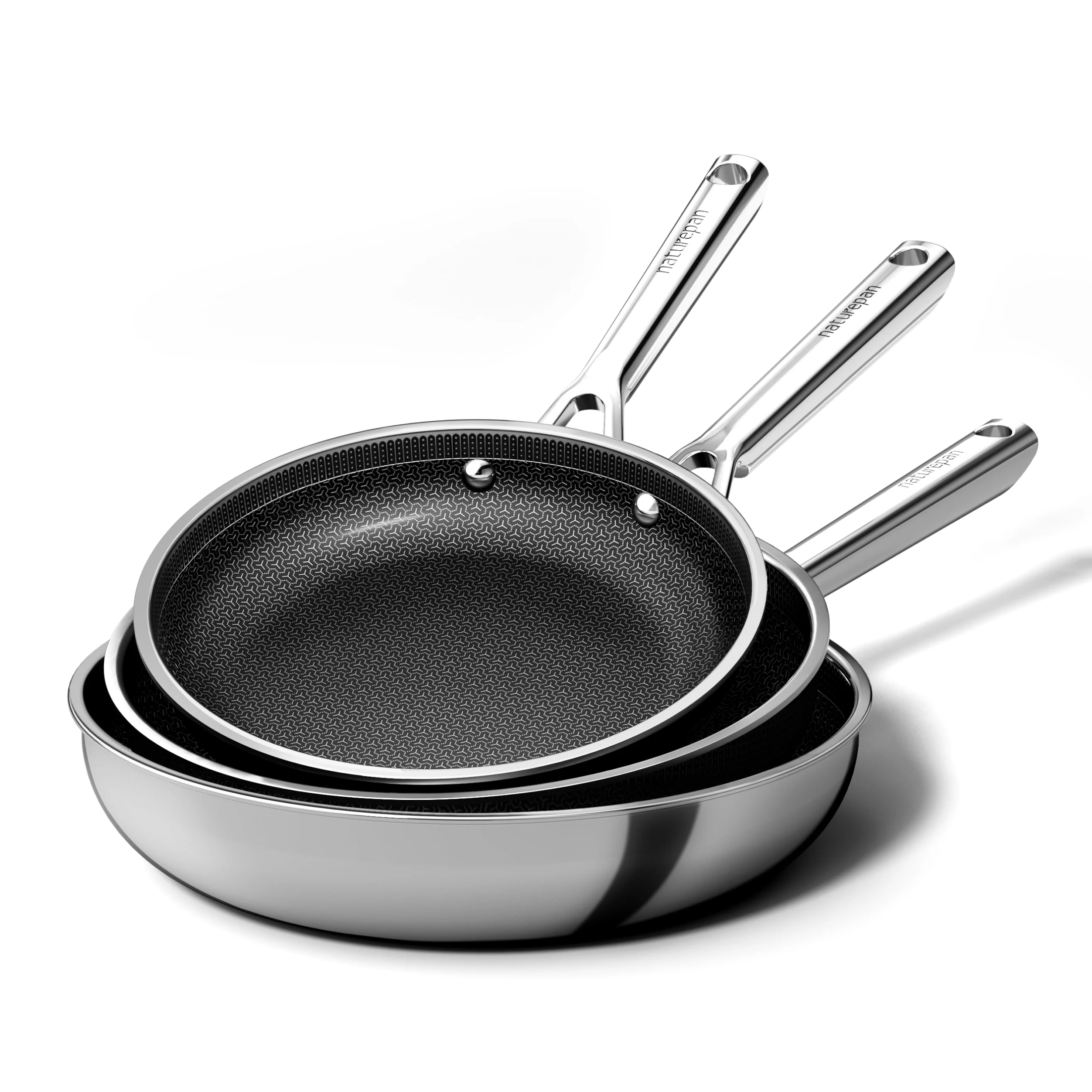 Set di padelle da 3 pezzi (20 + 24 + 28 cm), in acciaio inox ibrido a nido d'ape, antiaderente in ceramica, senza PTFE, senza PFAS, per tutti i piani cottura, lavabile in lavastoviglie
