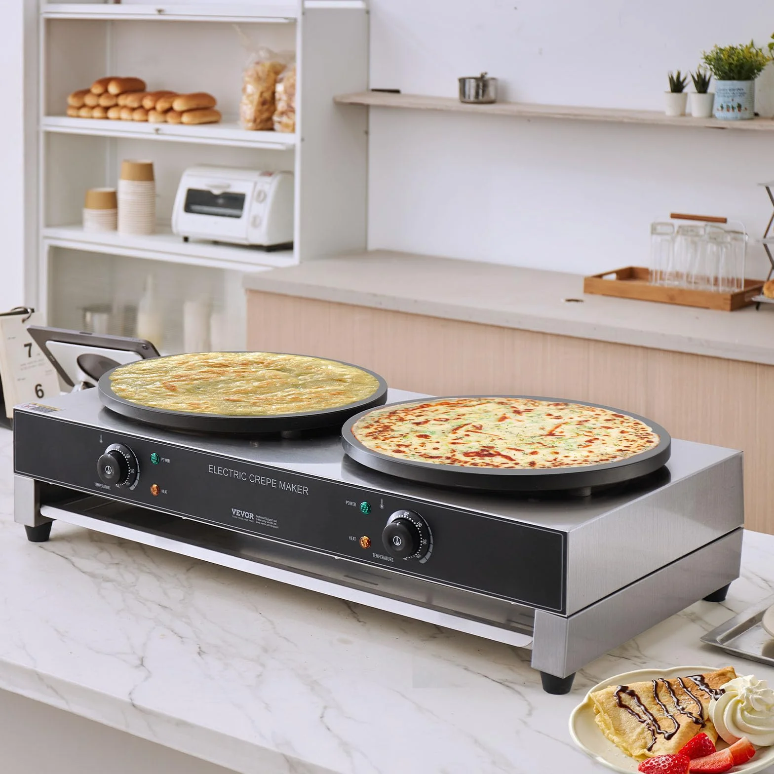 VEVOR Crepiera Elettrica Commerciale a Doppia Testa 406 mm 6000 W, Piastra Piana Antiaderente in Acciaio Inox