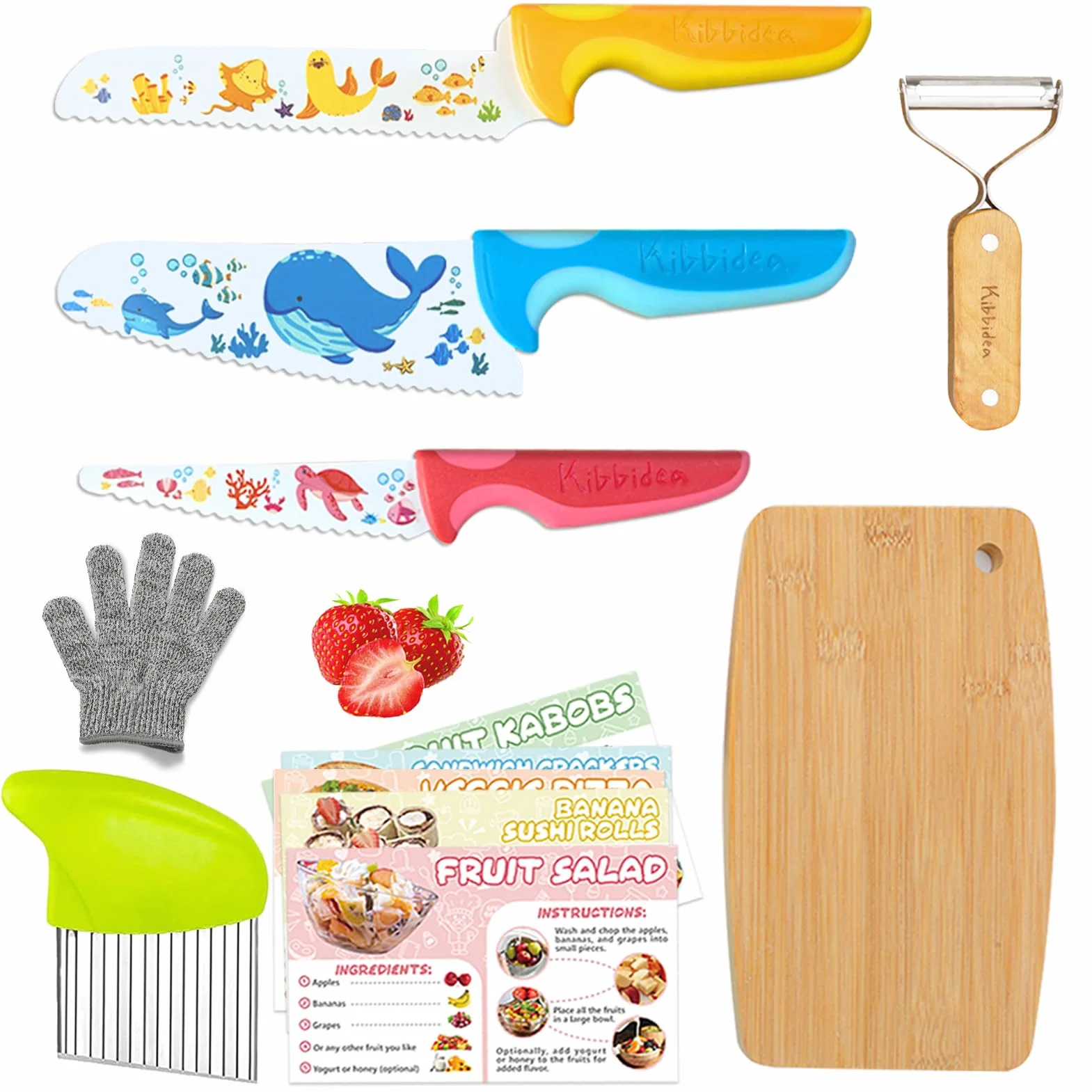 Kibbidea Coltello da cucina per bambini, 12 pezzi, in acciaio inox, per tagliare frutta o verdura, con pelapatate, coltello per bambini dai 3 anni in su