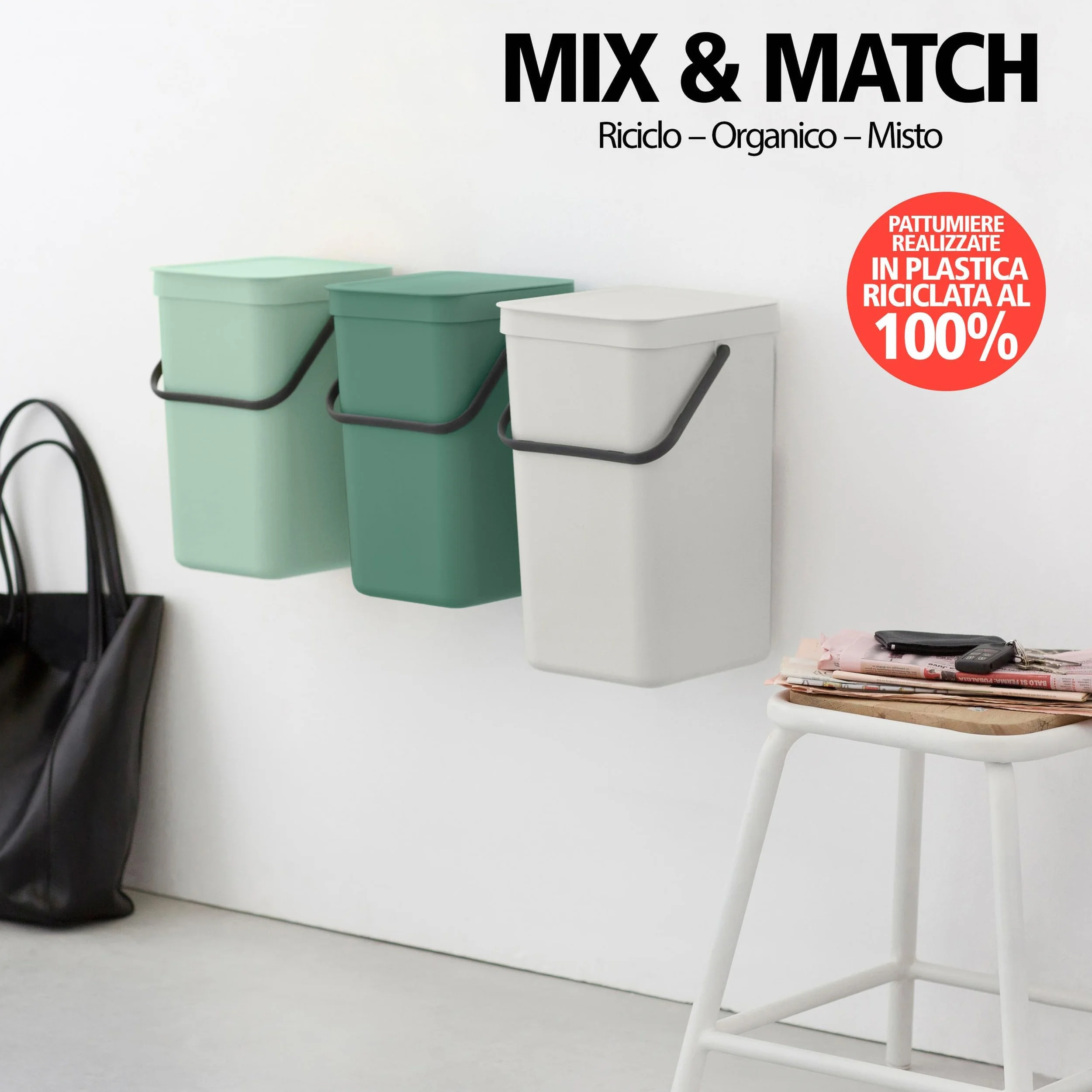 Brabantia Sort & Go Pattumiera 12L (Grey), Pattumiera cucina in plastica con maniglia, Secchio spazzatura salvaspazio con coperchio stay open rimovibile, Cestino umido facile da pulire