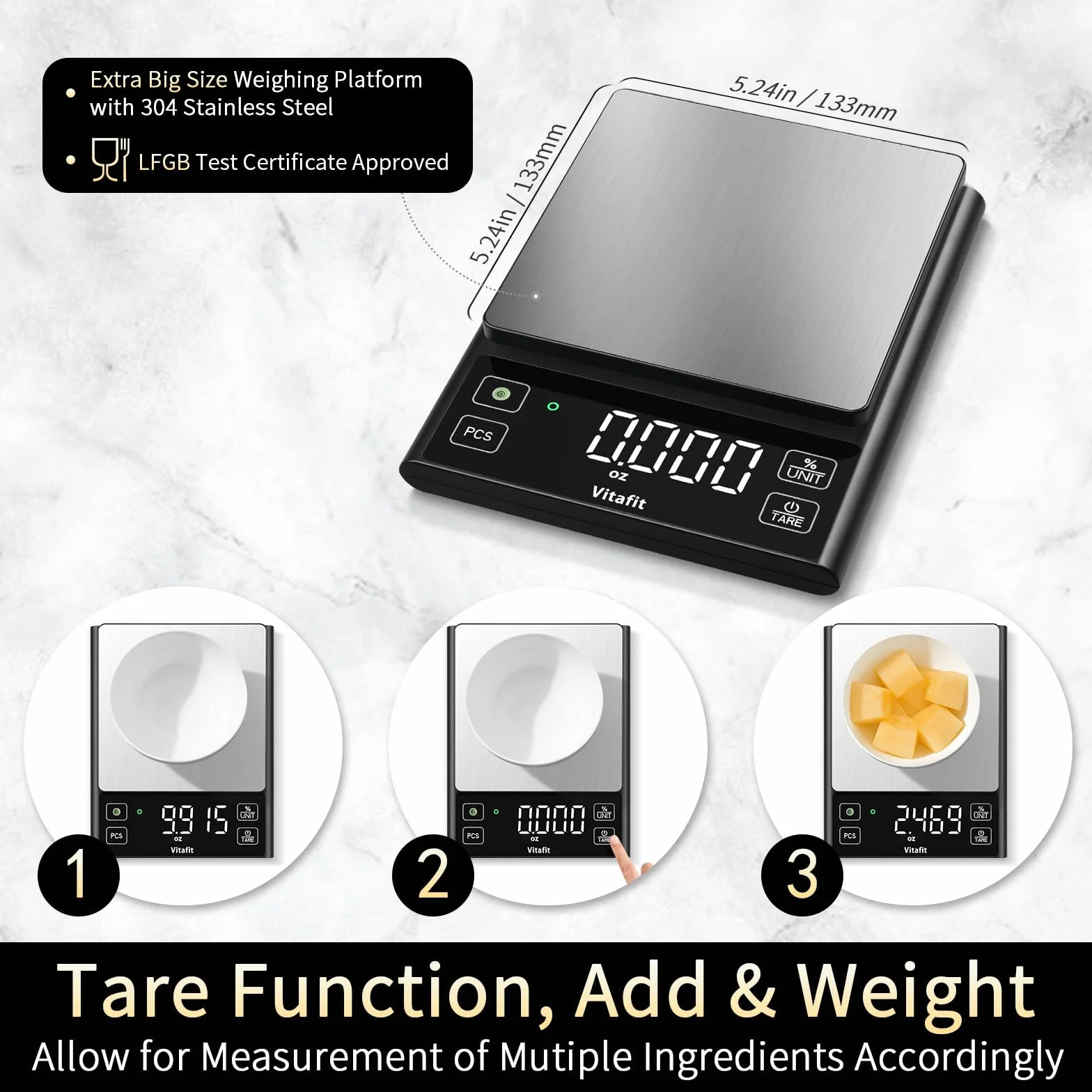 Vitafit 5kg Bilancia Cucina Digitale, Precisione 0.1g dalla Nostra Bilancia Fabbrica Professionale Dal 2001, Bilancia Alimentare Funzione Percentuale per cucinare & caffè, Acciaio Inox, LED, Nero