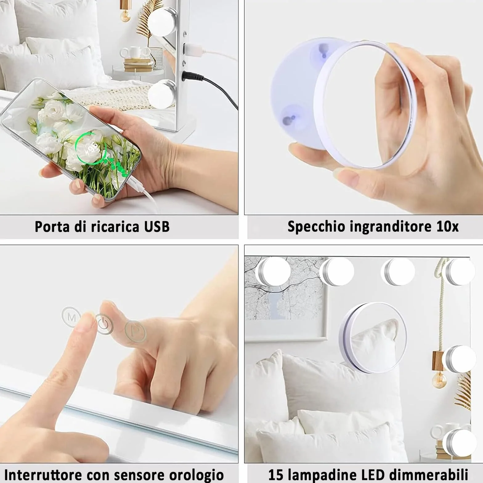 YU YUSING Specchio Trucco con Luci Hollywood, 58X45cm Specchio 15 Lampadine Led Trucco USB, 3 Temperature di Colore, Specchio da Tavolo 10X, Specchio Cosmetico da Parete, Controllo Tattile, Bianco