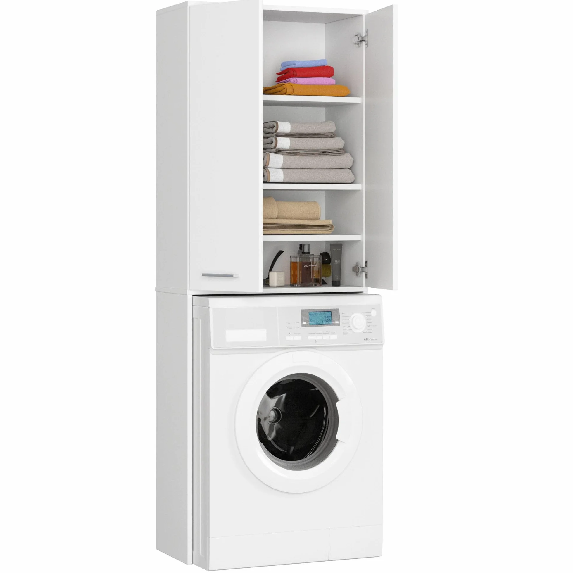 AKORD | Armadio Pensile per Lavatrice FIN 180 | Armadio di trasformazione con 2 Ante, 4 Ripiani | Archivio per bagno | Cassettiera per lavatrice | 64x180x30 cm | Bianco + Bianco Frontale