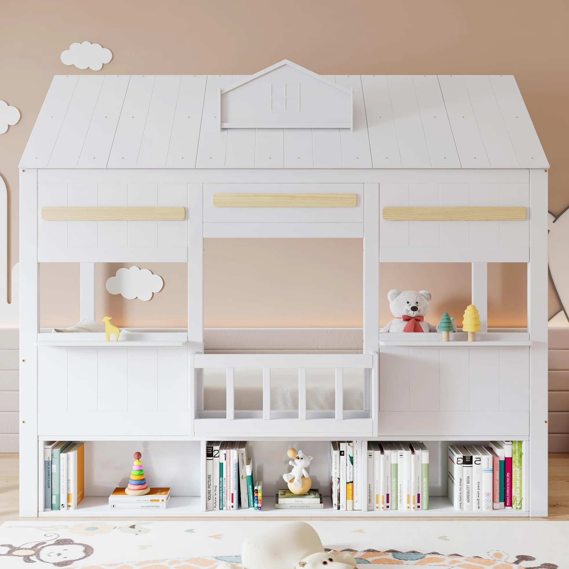 Letto Casetta per Bambini 90x200cm con Libreria e Finestre, Strutture letto in Legno di Pino, Rete a doghe(Nessun materasso