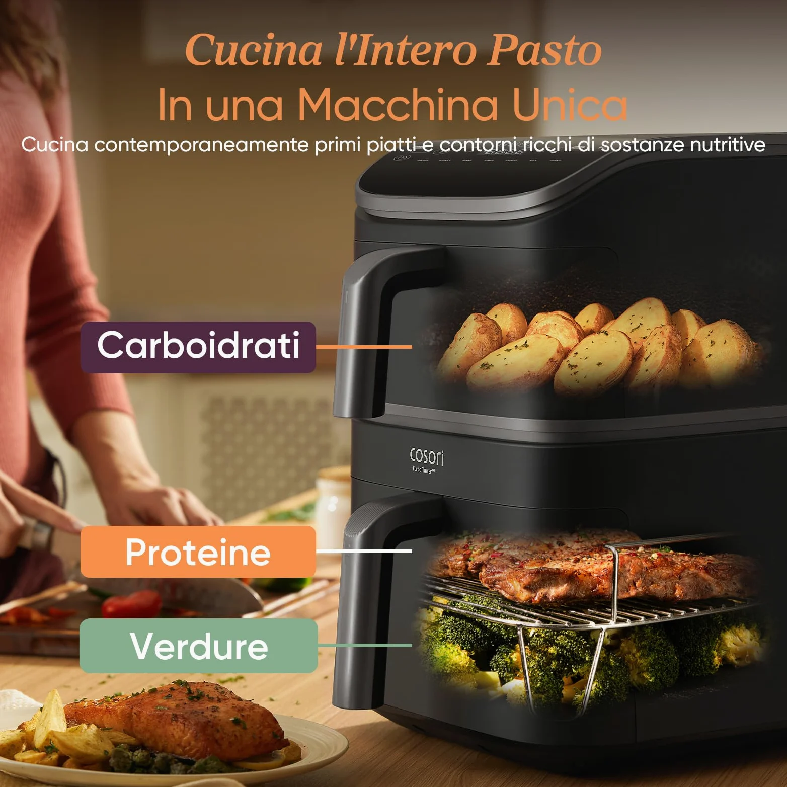 COSORI Turbo Tower Friggitrice ad Aria 10,8L con Cestelli Verticali, Cottura Salvaspazio a 3 Livelli, 2630W, 6 Funzioni, 2 Motori DC, 50+ Ricette Complete Online,CAF-DC111,Grigio
