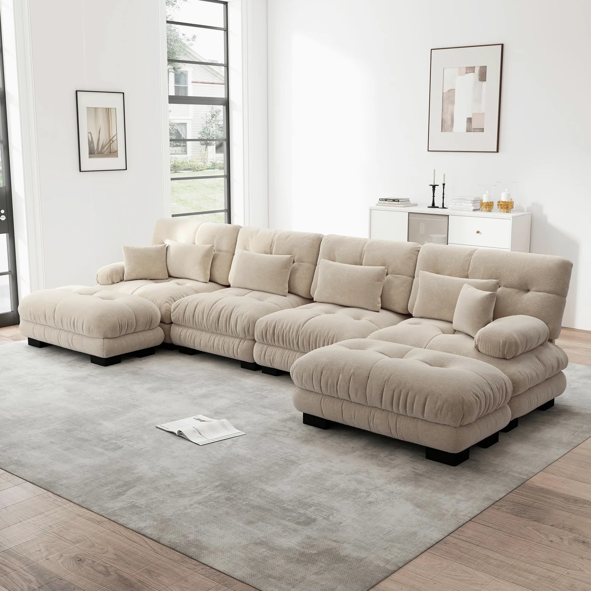 Divano angolare modulare, set divano a forma di U per soggiorno, 4 posti, comodi divani cloud con pouf mobile, combinazione fai da te, caffè leggero, ciniglia marrone chiaro