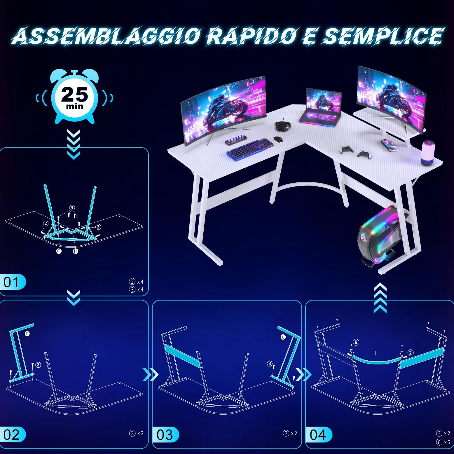 JUMMICO Scrivania Angolare, Scrivania Gaming 120x120cm - Tavolo da Gioco a L con Supporto Reversibile per lo Schermo - Versatile (gioco/lavoro/studio) - Rivestita in Carbonio - Bianco