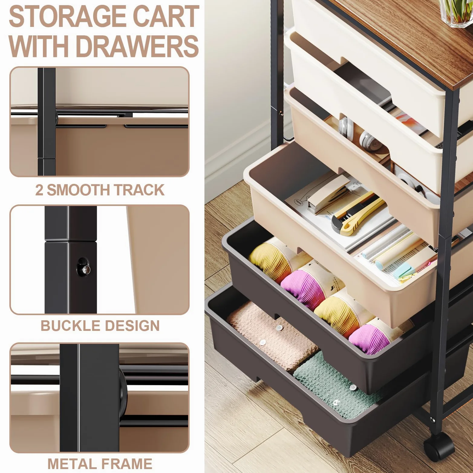 Carrello a 6 cassetti con piano in legno, robusto contenitore in plastica, per ufficio, cameretta dei bambini e fai da te, carrello con ruote bloccabili, colore marrone