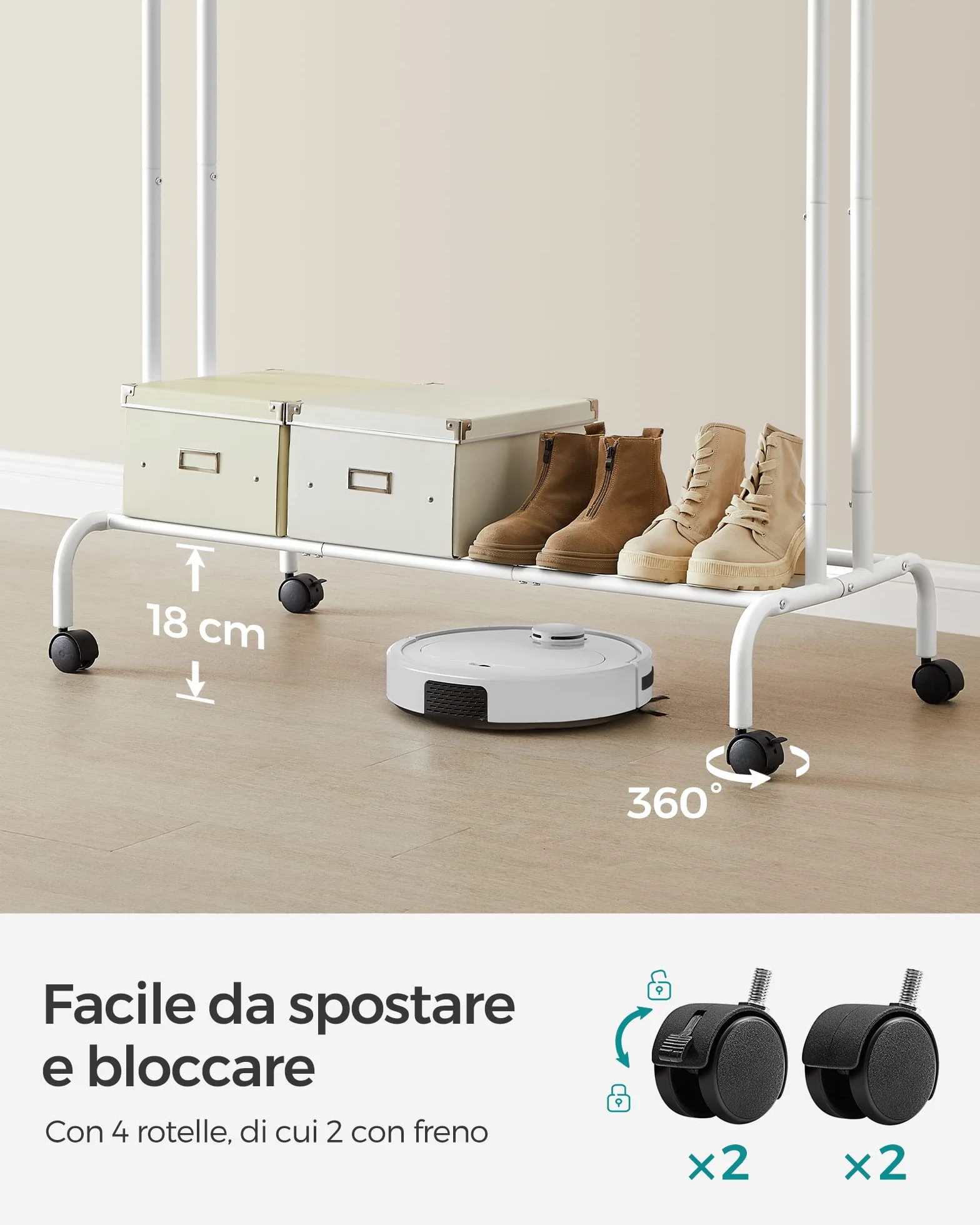 SONGMICS Appendiabiti Doppio con Ruote, Struttura in Acciaio, 100 kg, 103,5 cm, Bianco HSR107W01