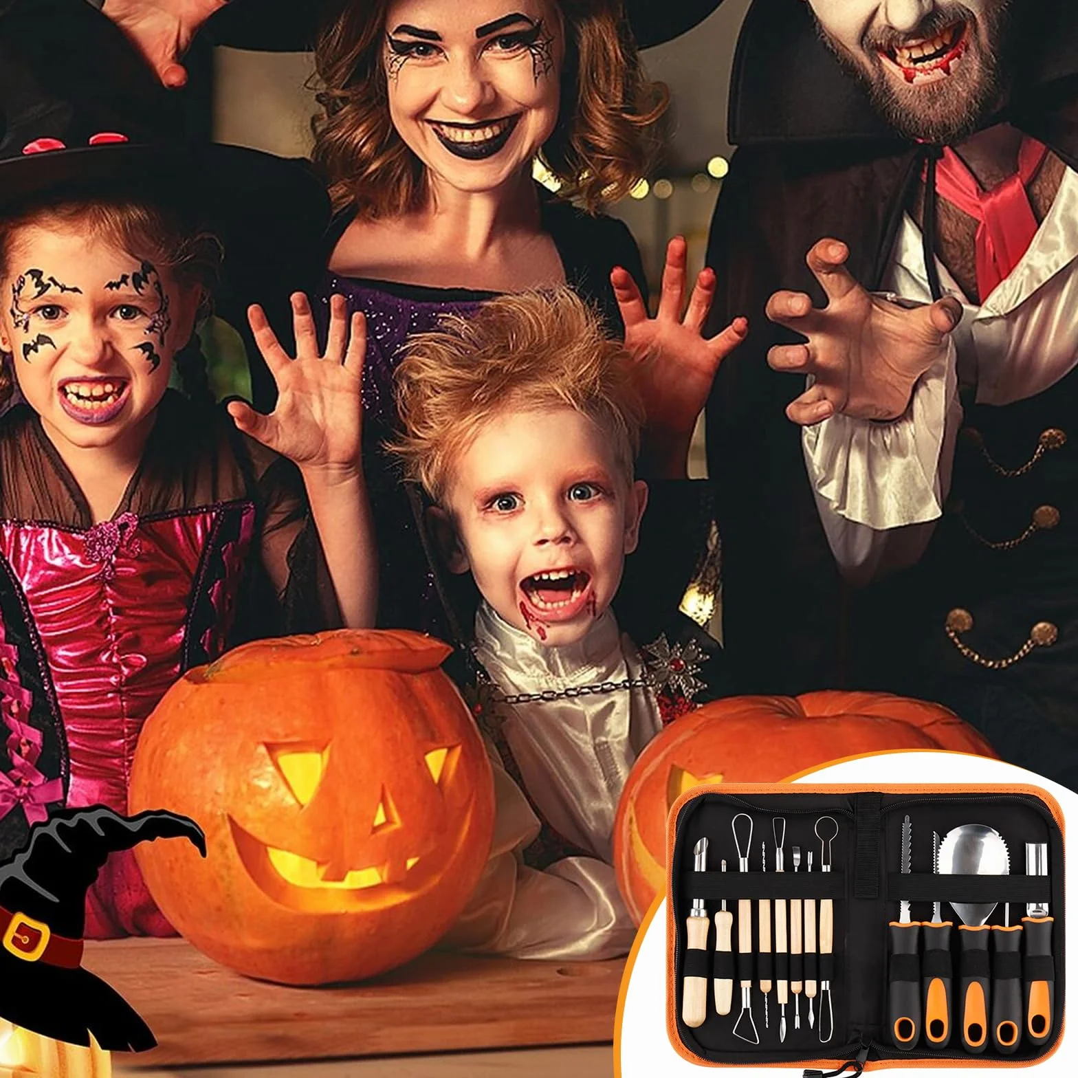 Set da intaglio zucca 13 pezzi in acciaio inox per Halloween con custodia