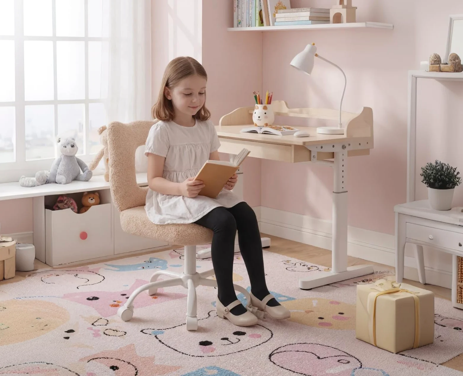 chairus Sedia da Scrivania per Bambini Sedia per Bambini in Pelliccia Sintetica Sedie Girevole Regolabile in Altezza Sedia da Scrivania Carina in Orsetto per Cameretta, Cachi