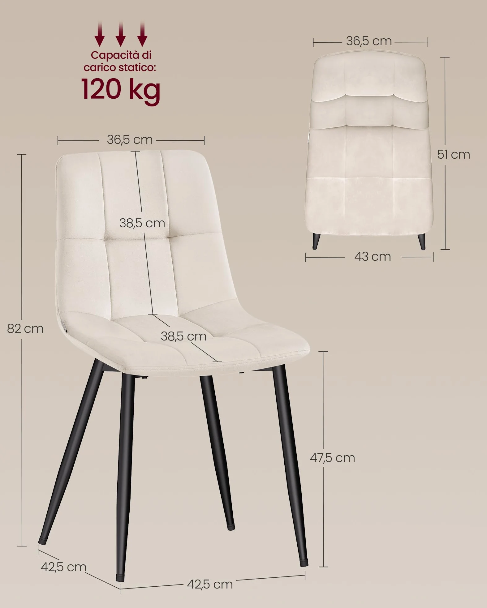VASAGLE Sedie da Pranzo in Velluto, Portata 120 kg Ciascuna, Sedie da Cucina Imbottite con Piedini Regolabili, Moderno, per Soggiorno, Set di 4, Beige Cappuccino KDC080LH01