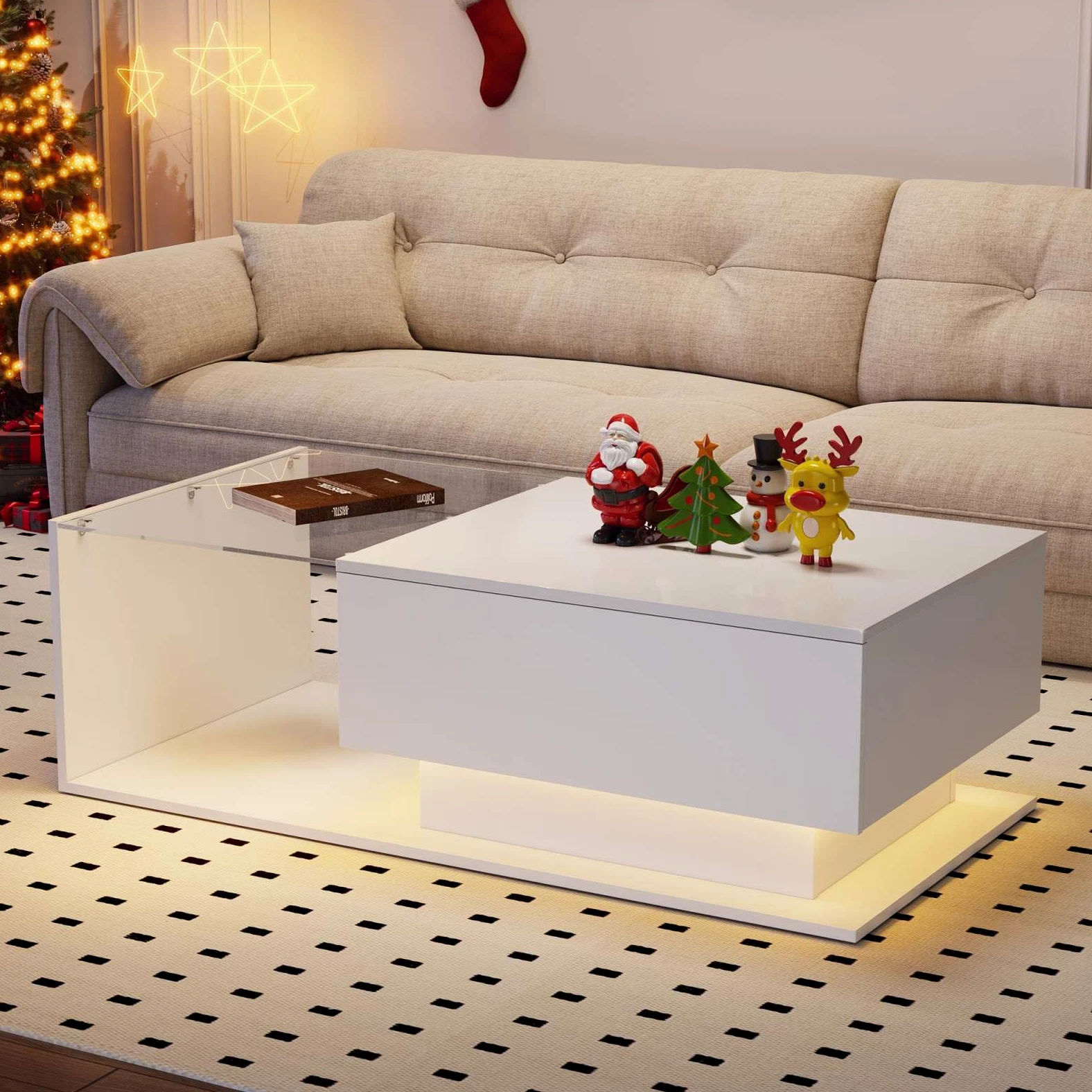KOMHTOM Tavolino salotto bianco con piano in vetro Tavolino basso da salotto, tavolino da caffè a LED con cassetto Tavolino moderno Mobili da soggiorno (bianco)