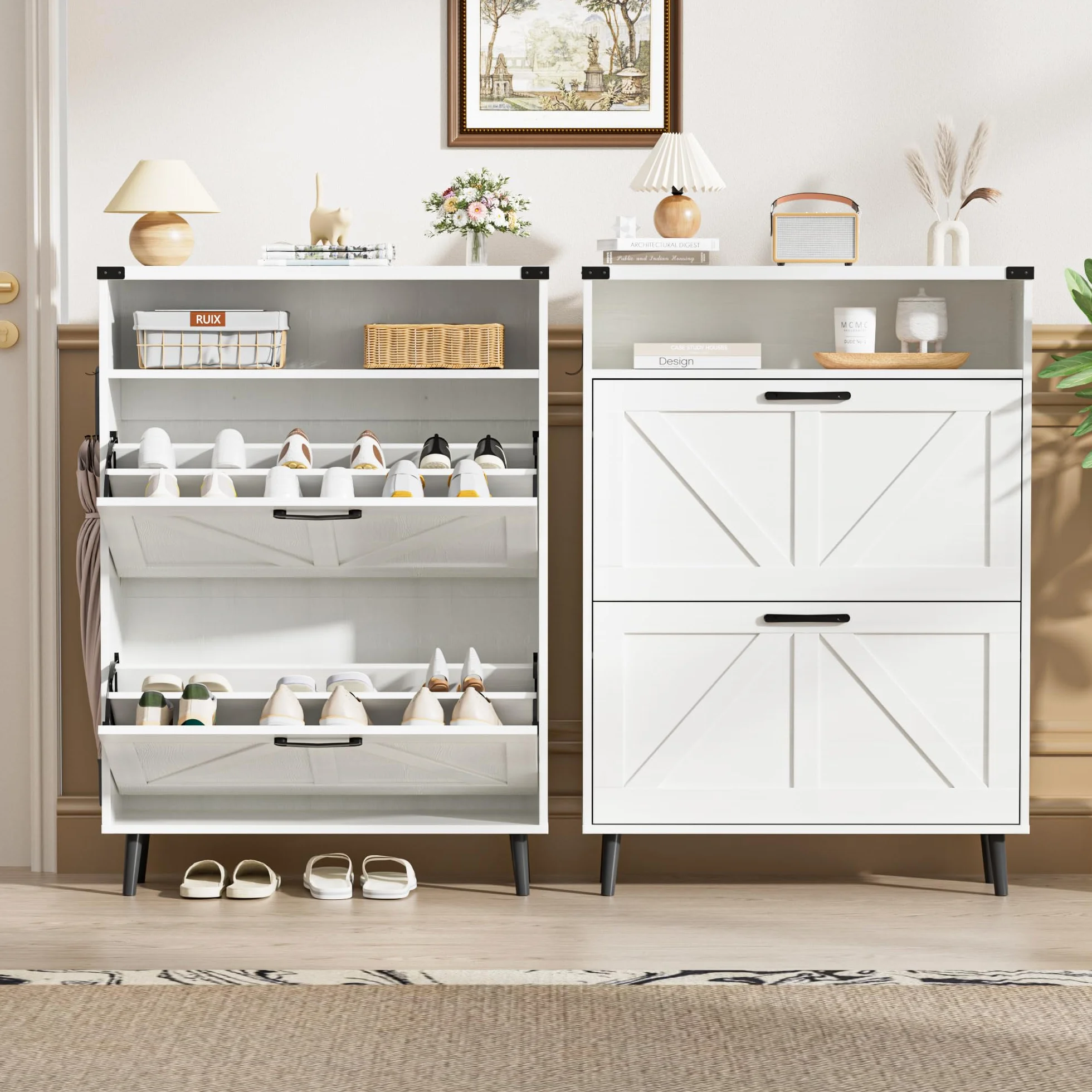 BonVache Scarpiera stretta 2 ante ribaltabile 4 ripiani mobile per scarpe legno 80x24x113,5 cm bianco