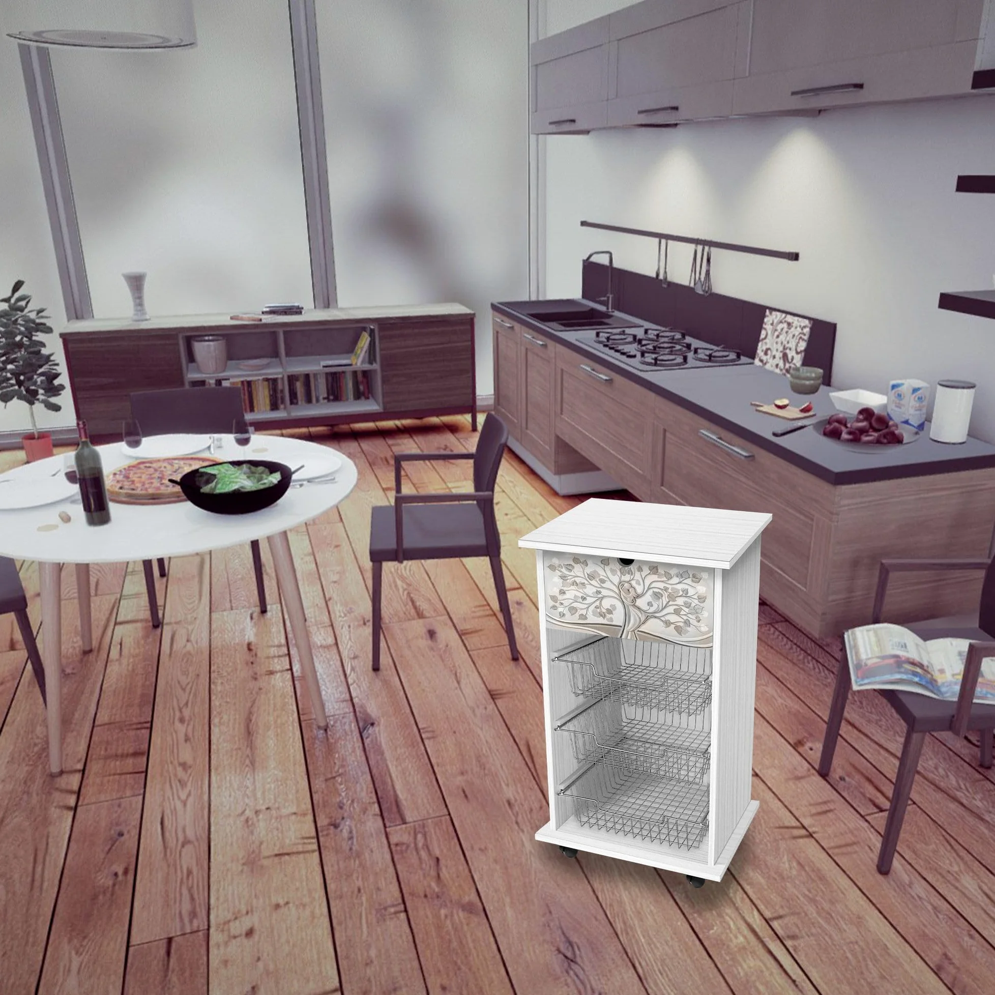 Lupia - Carrello Cucina Multifunzione Bianco WHITE ALBERO ABBRACCIO, Portafrutta Ruote Piroettanti, Piano di Appoggio, tre Cestelli Estraibili in Acciaio, Legno 40X45H85 cm montato