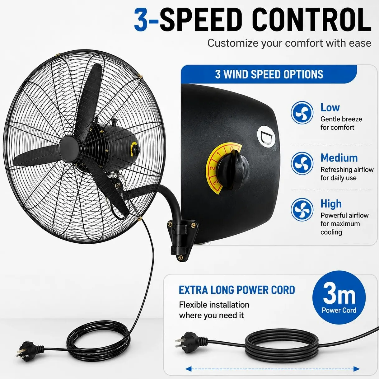 Ventilatore Industriale da Parete 55/70/80 cm, Oscillante, 3 Velocità, Nero | Grande, Motore in rame, metallica, cavo 3 m, per garage, officina, magazzino Palestra e Ristorante(70cm/27inch)