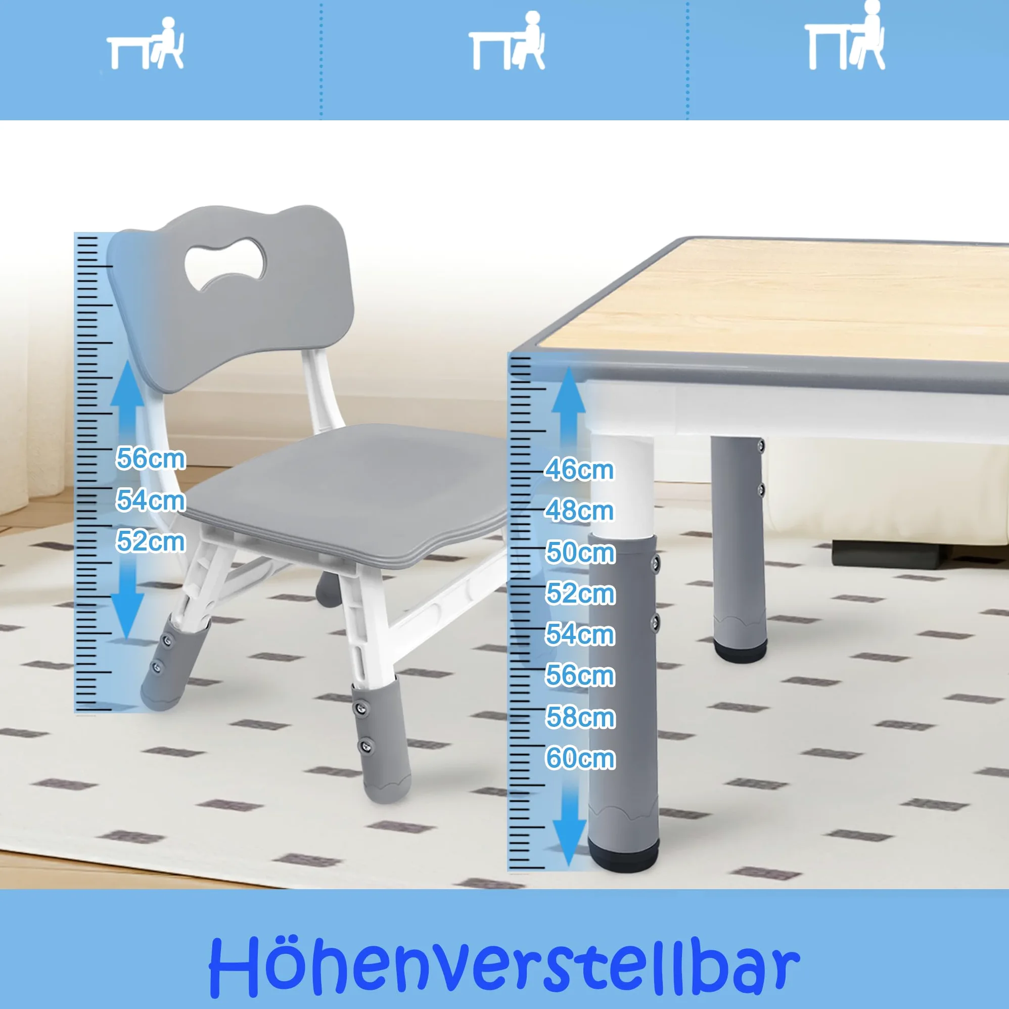 FIVMEN Tavolo per bambini con 2 sedie, set da tavolo per bambini, regolabile in altezza, 3 pezzi, in plastica, per cameretta dei bambini, da 2 anni, 80 x 60 cm