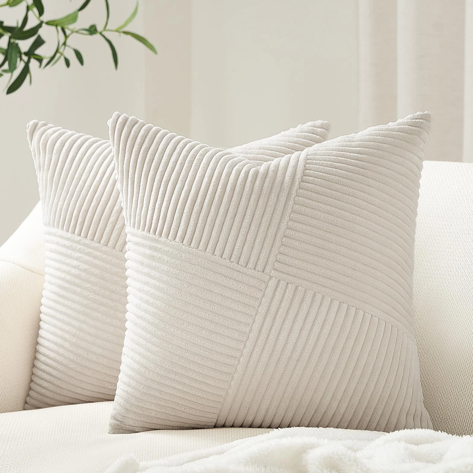 Topfinel Federe Cuscini Divano 40 x 40 Crema Velluto a Coste Copricuscini Cerniera Invisibile Righe 2 Pezzi