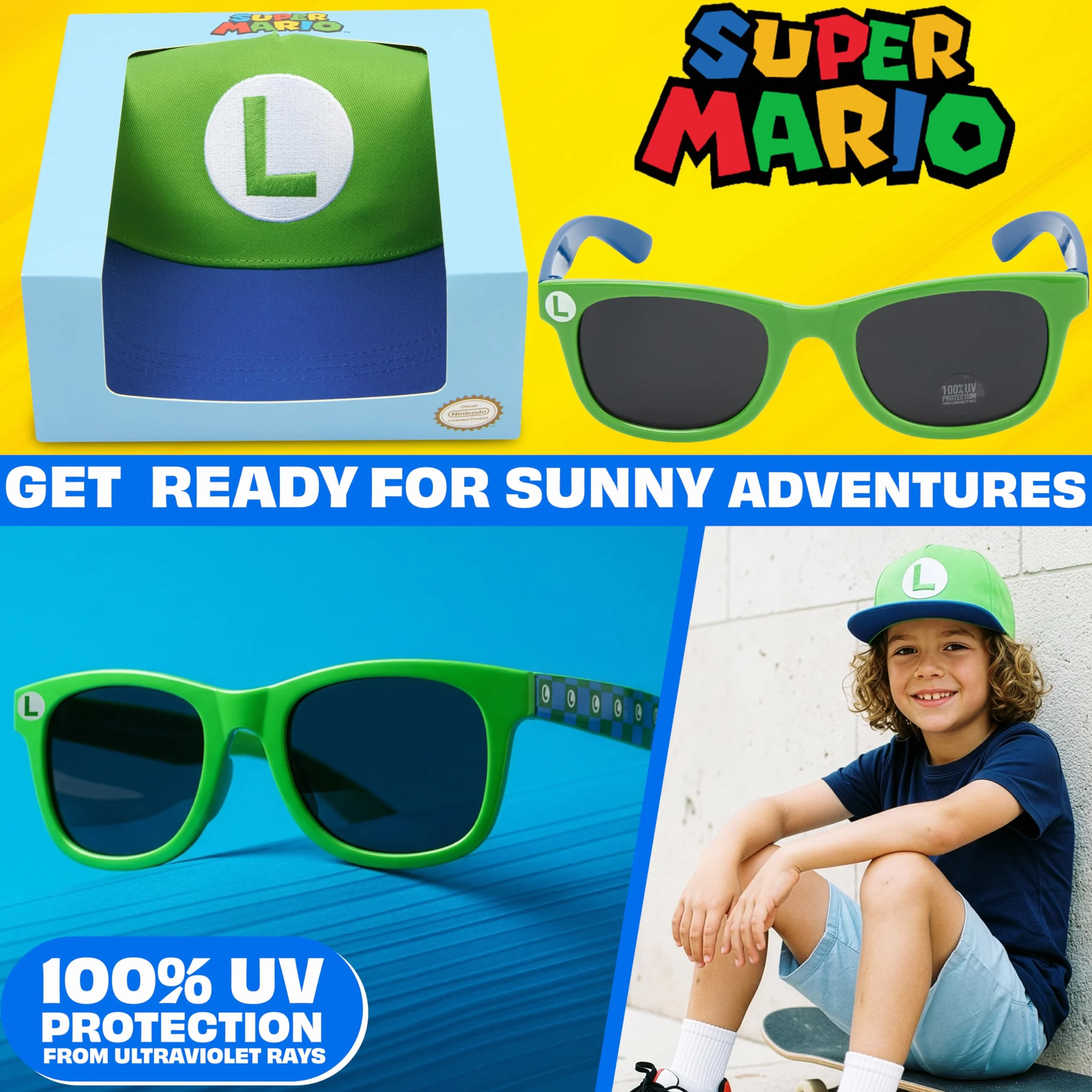 Cappello Baseball Occhiali da Sole Bambino Set Minecraft Fortnite Super Mario Spongebob Protezione UV